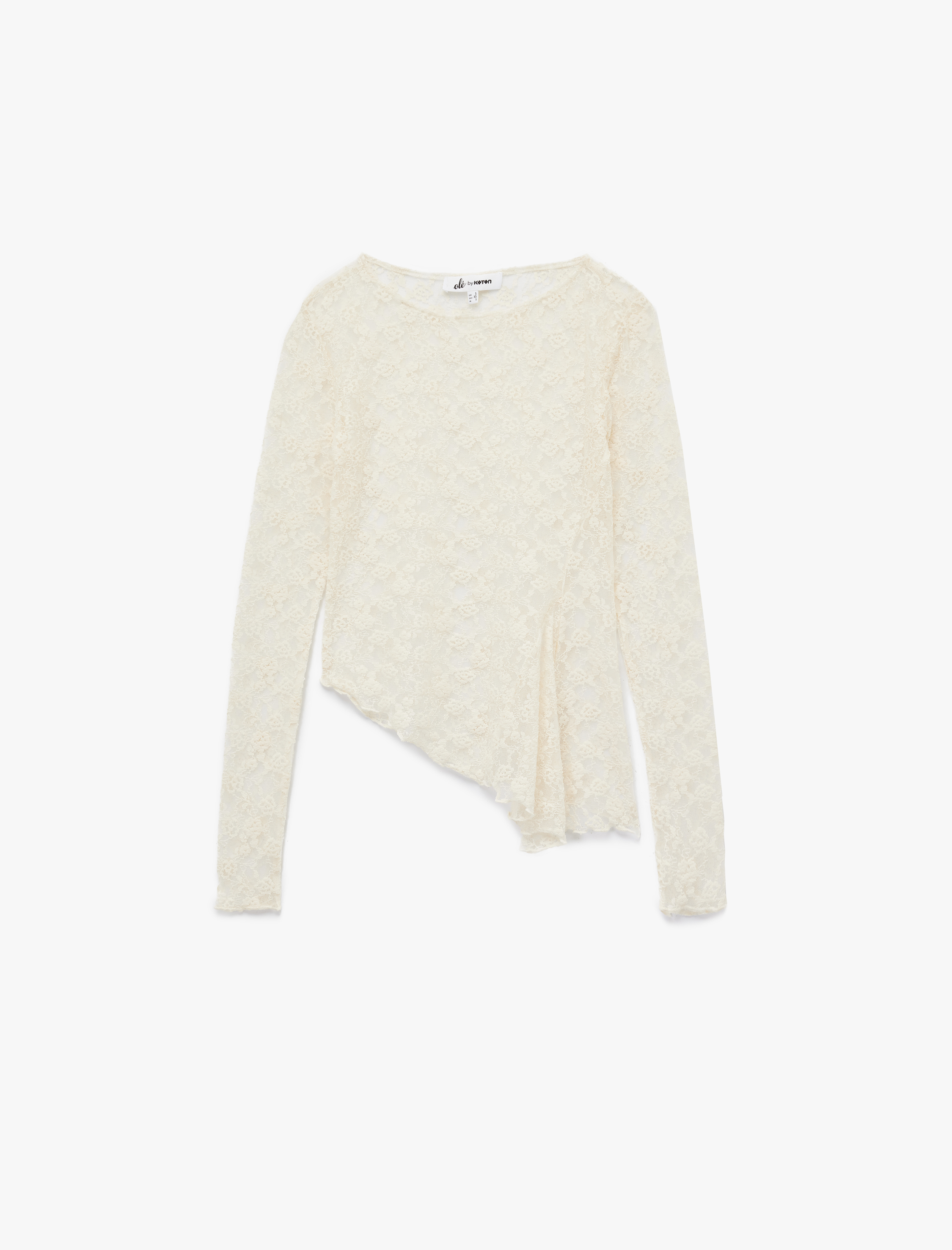   Asimetrik Bisiklet Yaka Dantel Detaylı Uzun Kollu Tişört