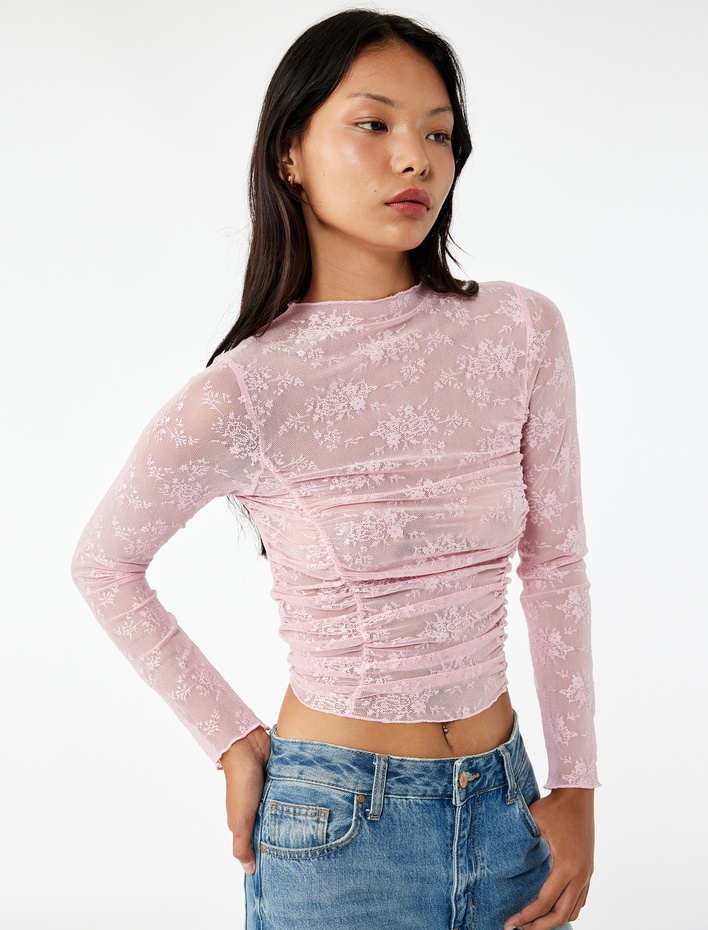  Uzun Kollu Bisiklet Yaka Büzgülü Dantel Tişört