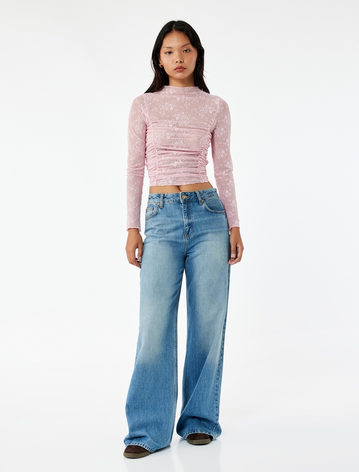  Uzun Kollu Bisiklet Yaka Büzgülü Dantel Tişört