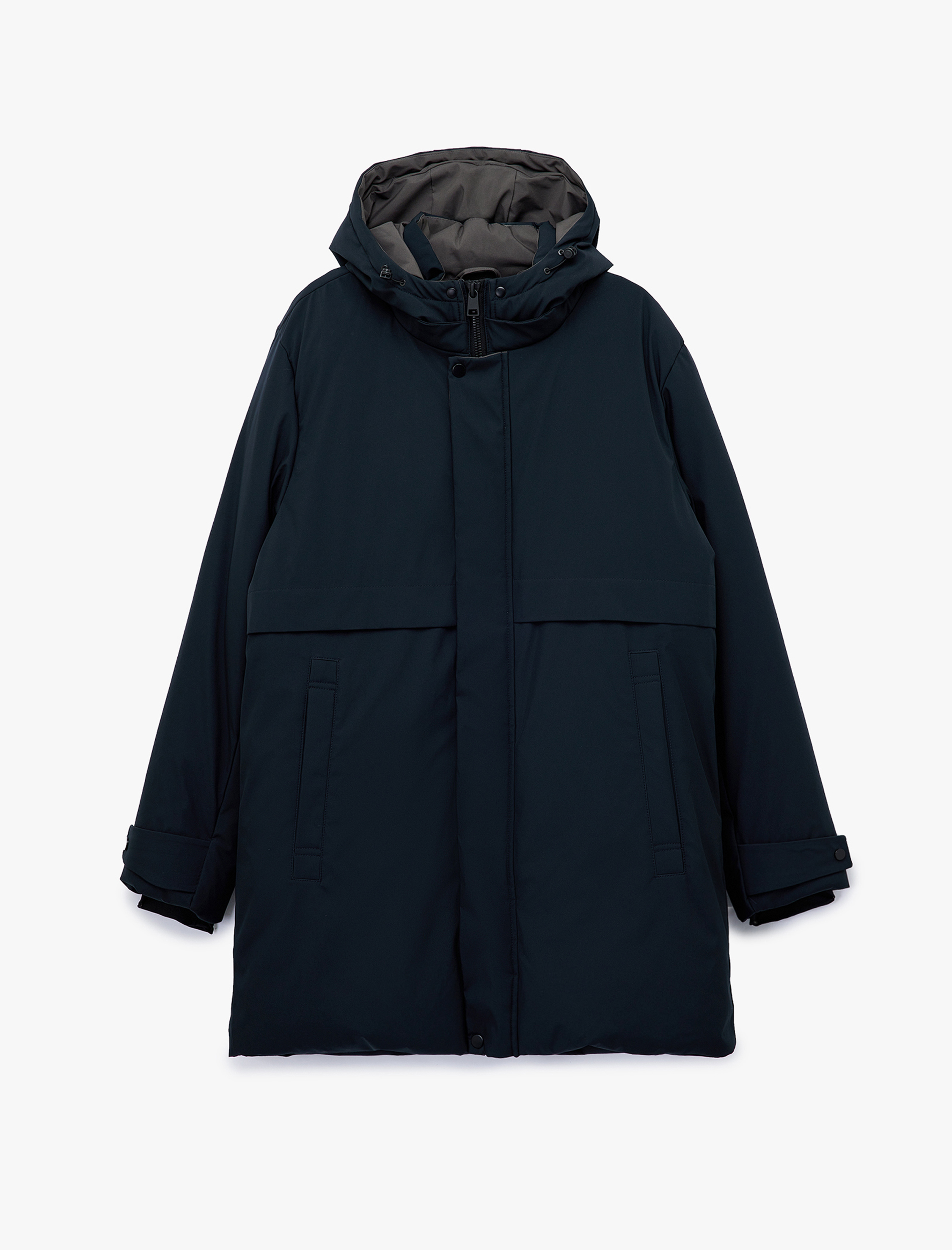   Uzun Kollu Baskılı Cepli Çıtçıt Düğme Detaylı Fermuarlı Kapüşonlu Parka