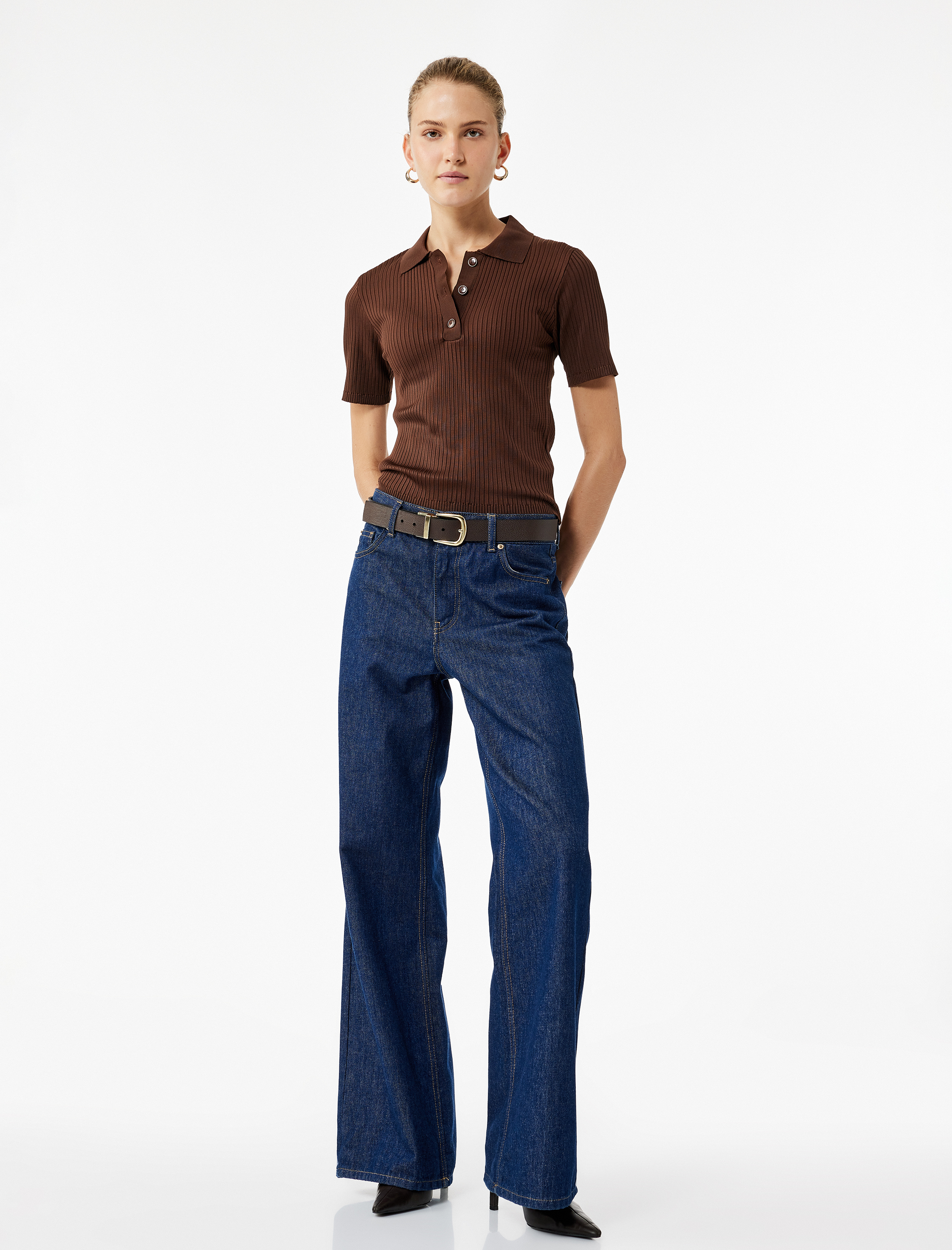   Yarım Düğmeli Kısa Kollu Polo Yaka Triko Kazak