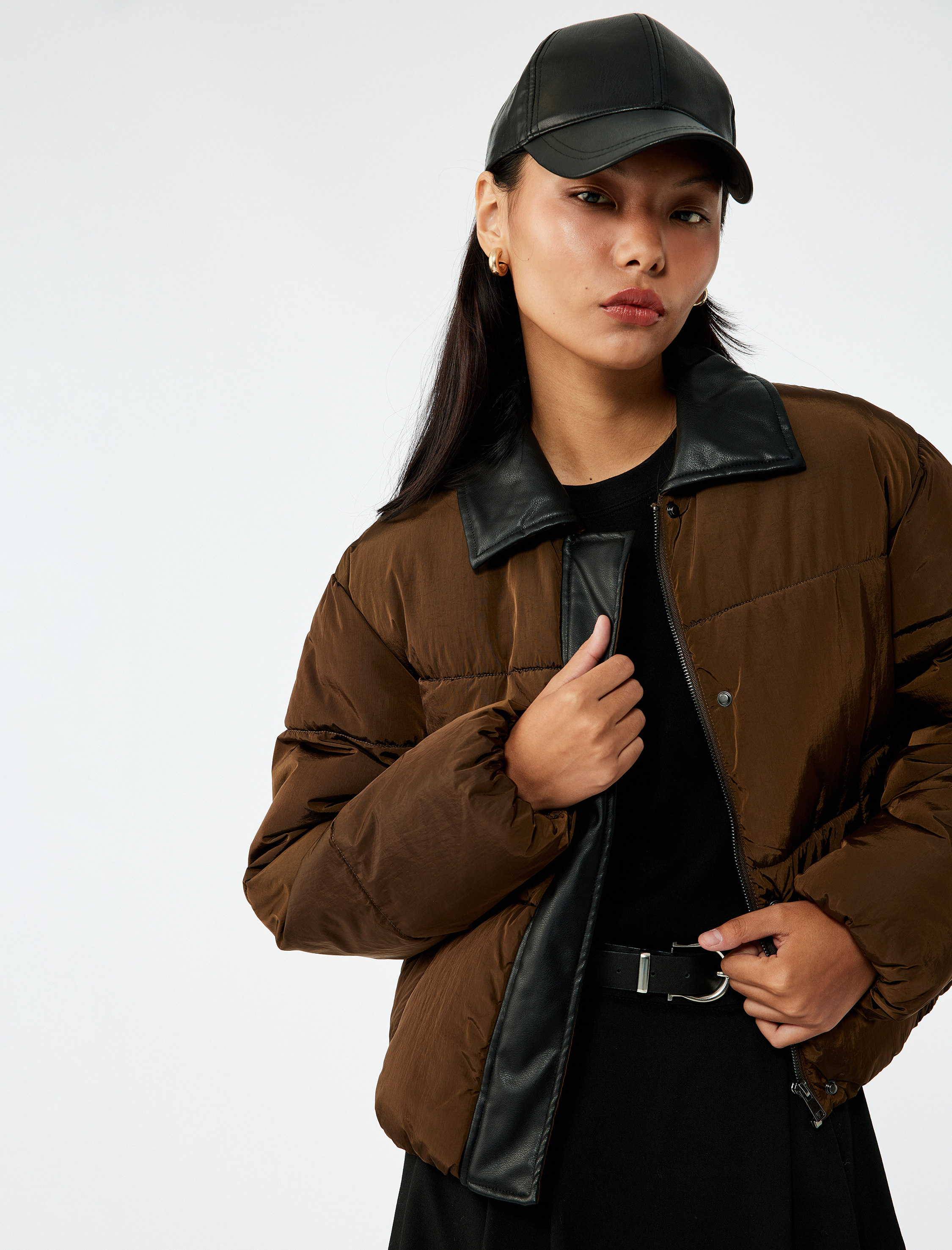   Fermuarlı Cep Detaylı Uzun Kollu Klasik Yaka Anorak Şişme Mont