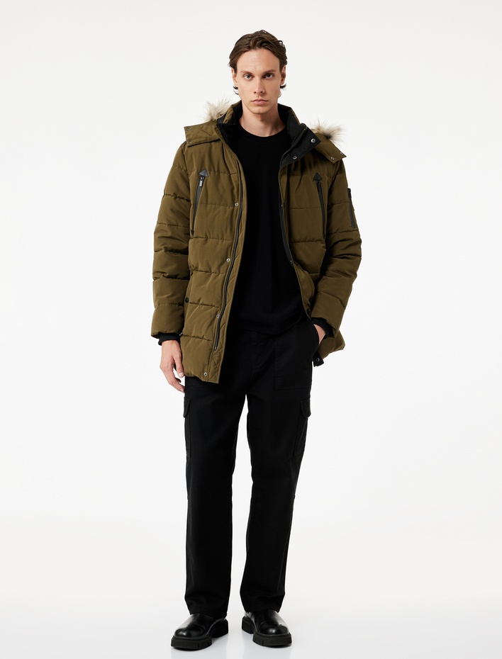  Uzun Kollu Fermuarlı Cep Detaylı Slim Fit Suni Kürk Kapüşonlu Parka