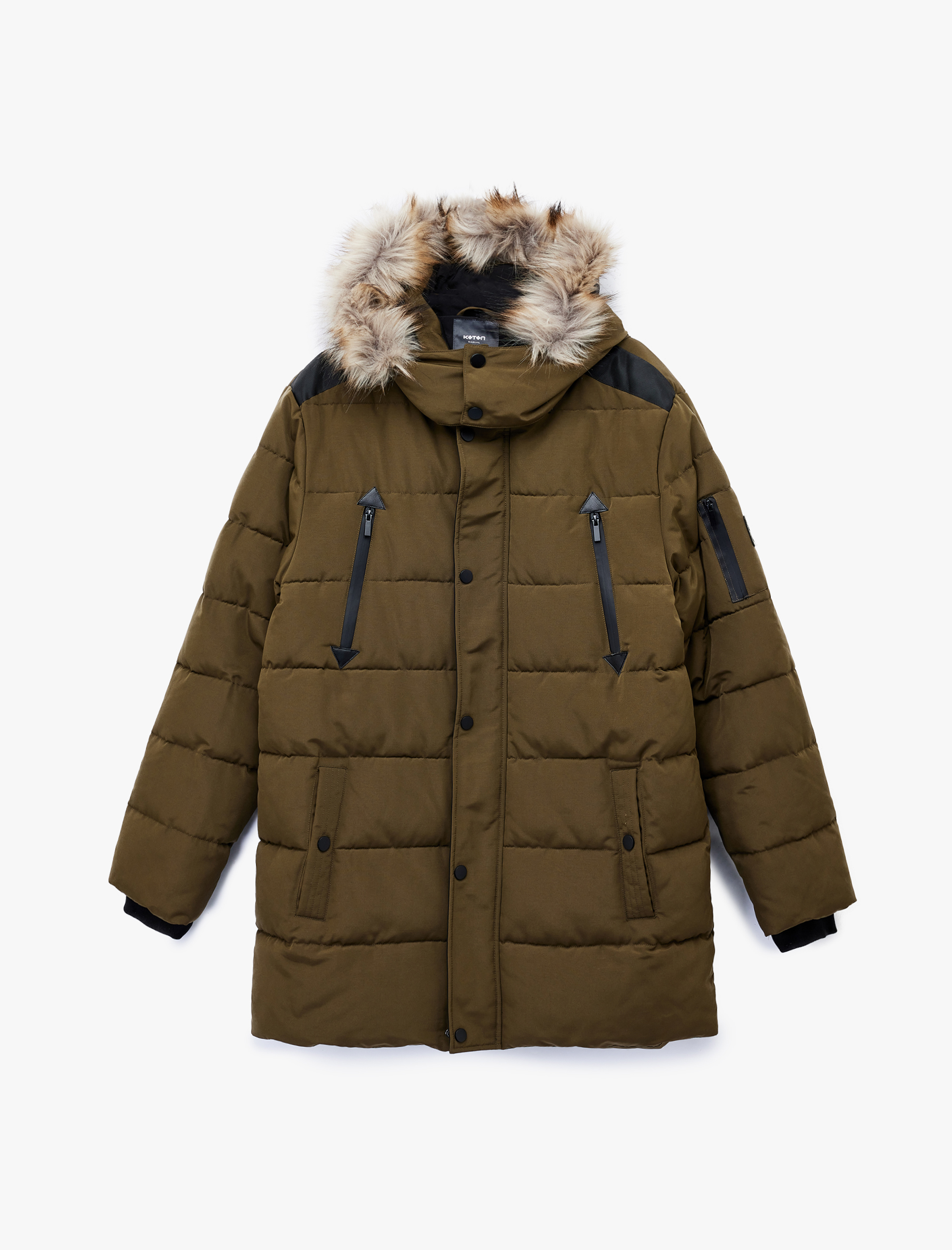   Uzun Kollu Fermuarlı Cep Detaylı Slim Fit Suni Kürk Kapüşonlu Parka