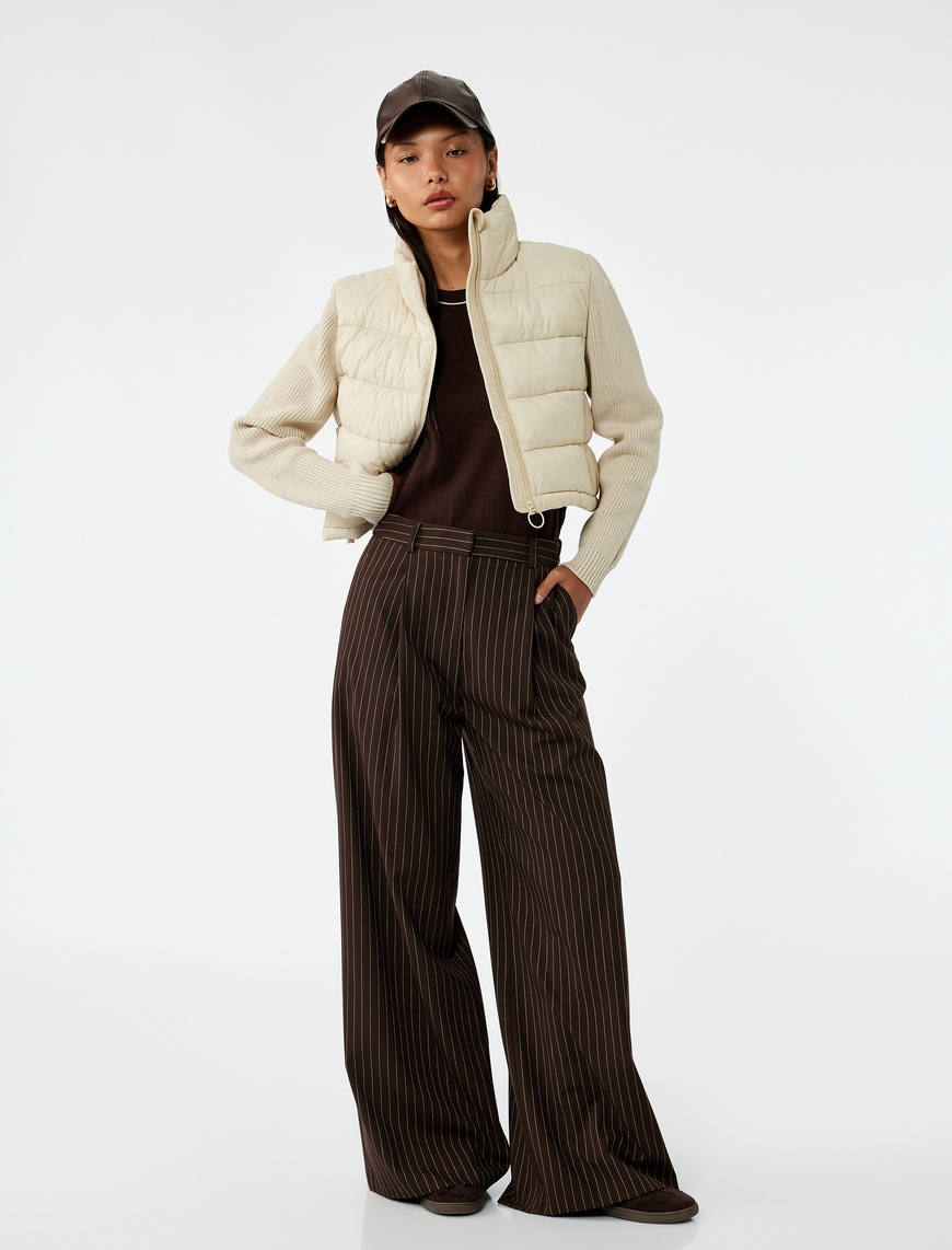   Dik Yaka Fermuarlı Uzun Kollu Cepli Slim Fit Şişme Mont