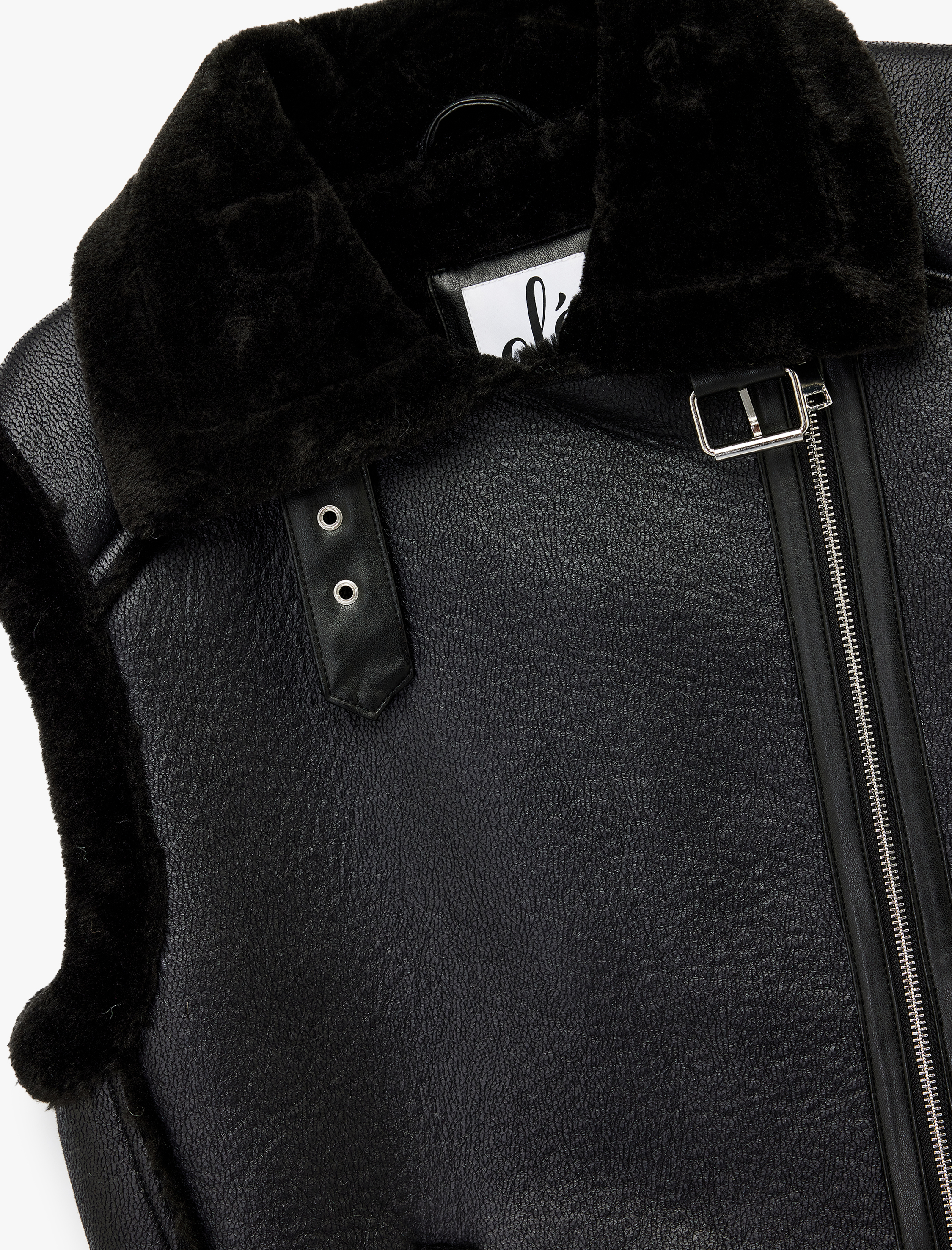   Suni Kürklü Yaka Fermuarlı Deri Görünümlü Kolsuz Biker Yelek