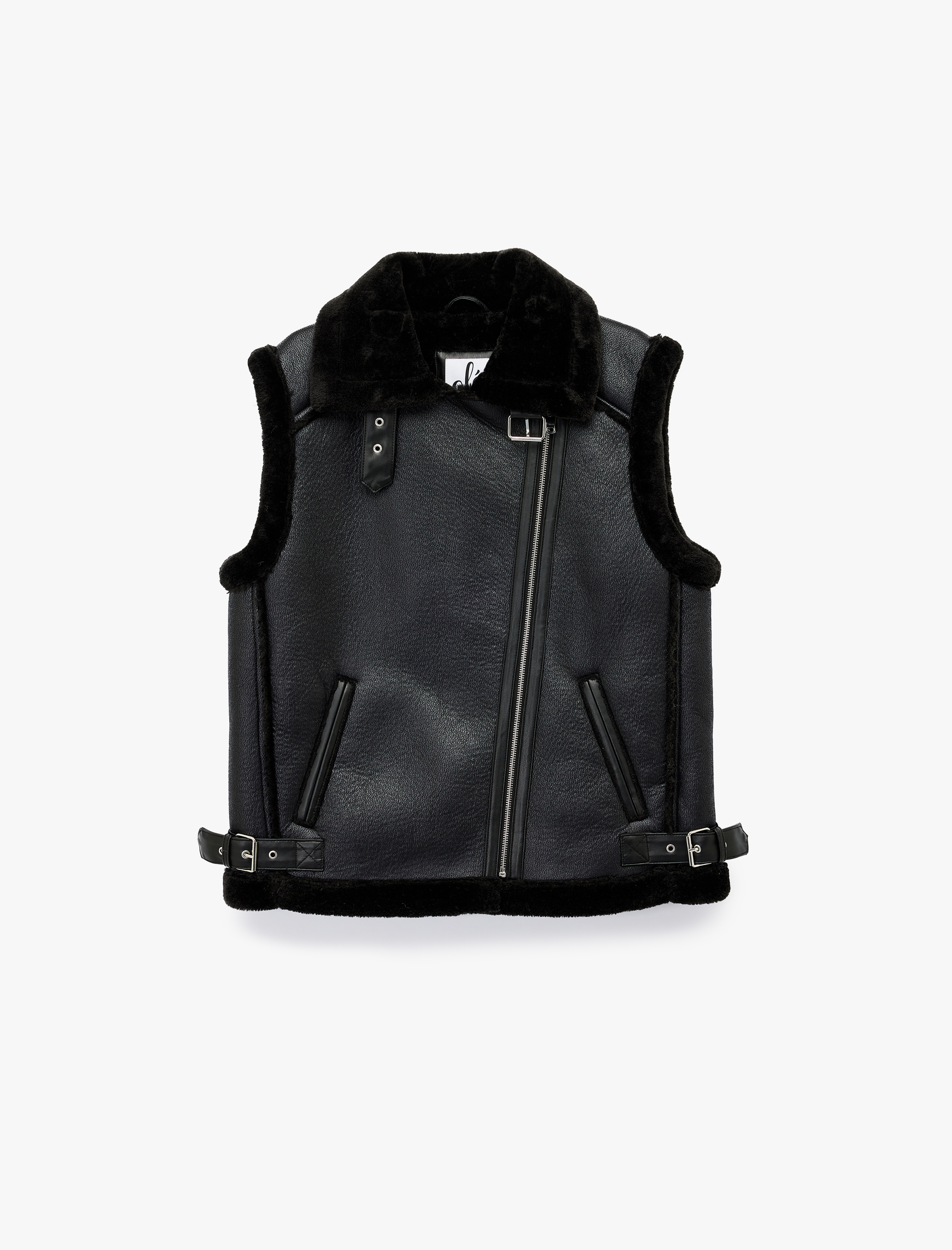   Suni Kürklü Yaka Fermuarlı Deri Görünümlü Kolsuz Biker Yelek