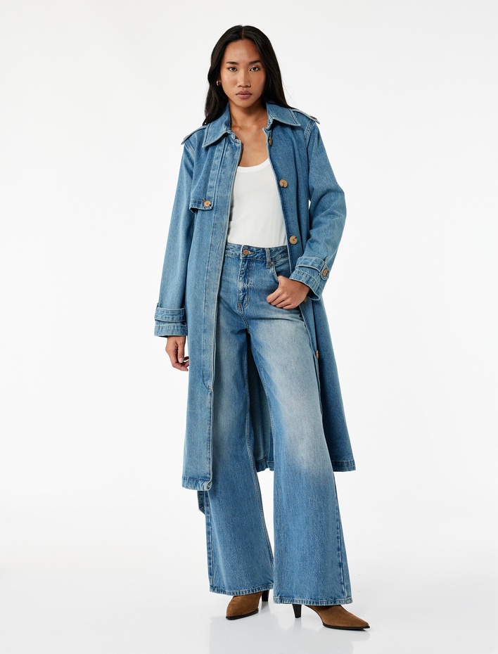  Rahat Kalıp Düğmeli Kemerli Uzun Denim Trençkot
