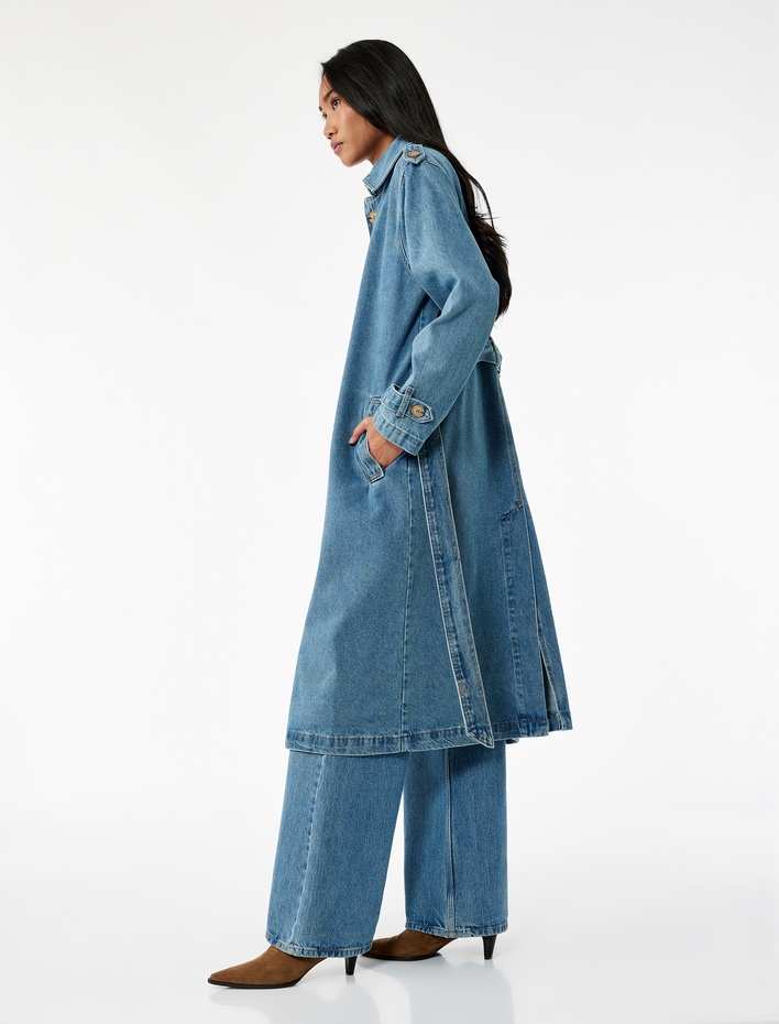  Rahat Kalıp Düğmeli Kemerli Uzun Denim Trençkot