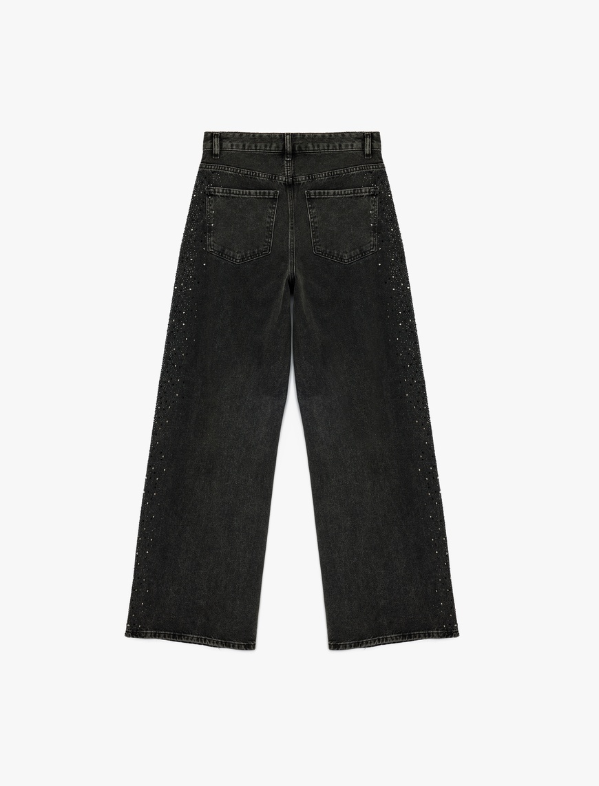   Pamuklu Düğmeli Geniş Paça Taş Detaylı Jean Pantolon -  Wide Leg Jeans
