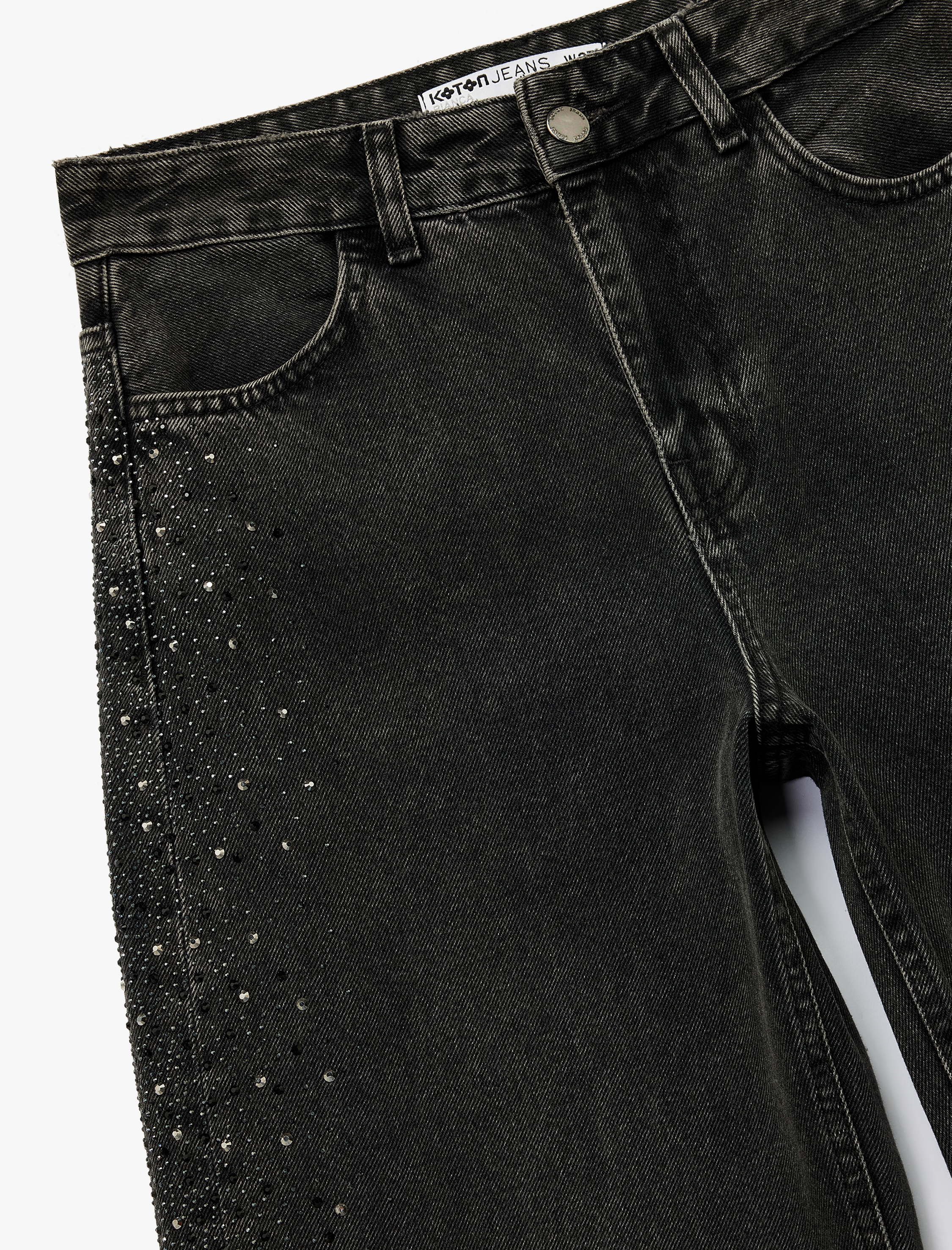   Pamuklu Düğmeli Geniş Paça Taş Detaylı Jean Pantolon -  Wide Leg Jeans