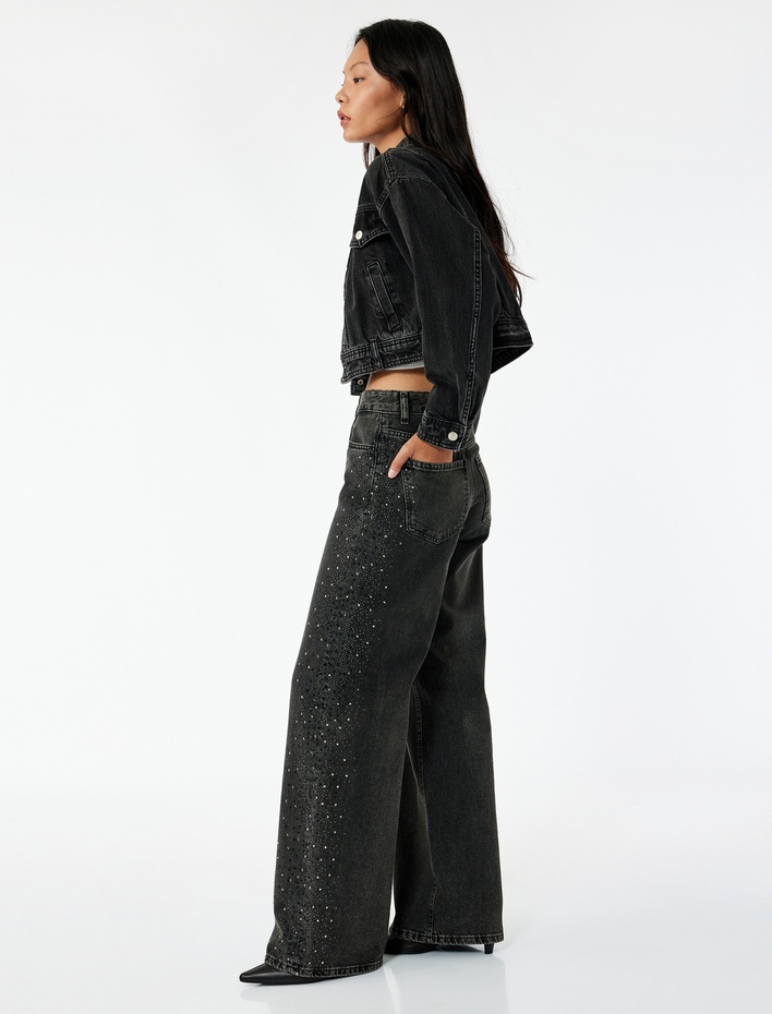  Pamuklu Düğmeli Geniş Paça Taş Detaylı Jean Pantolon -  Wide Leg Jeans