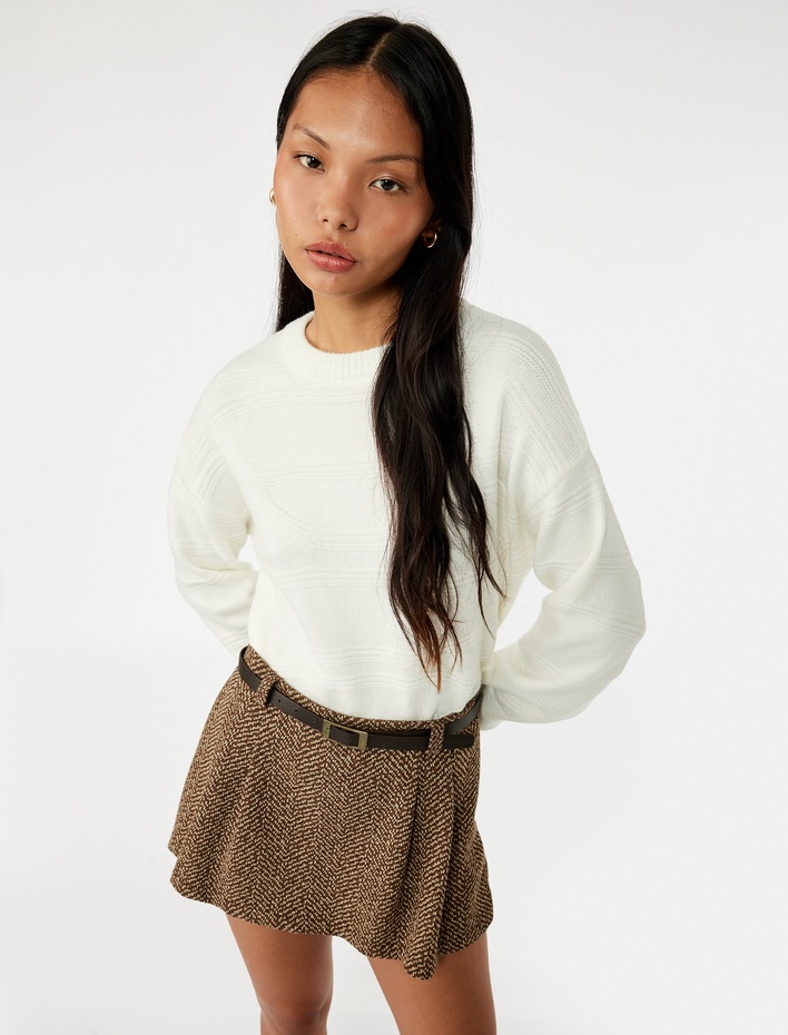  Bisiklet Yaka Dikiş Detaylı Uzun Kollu Triko Kazak