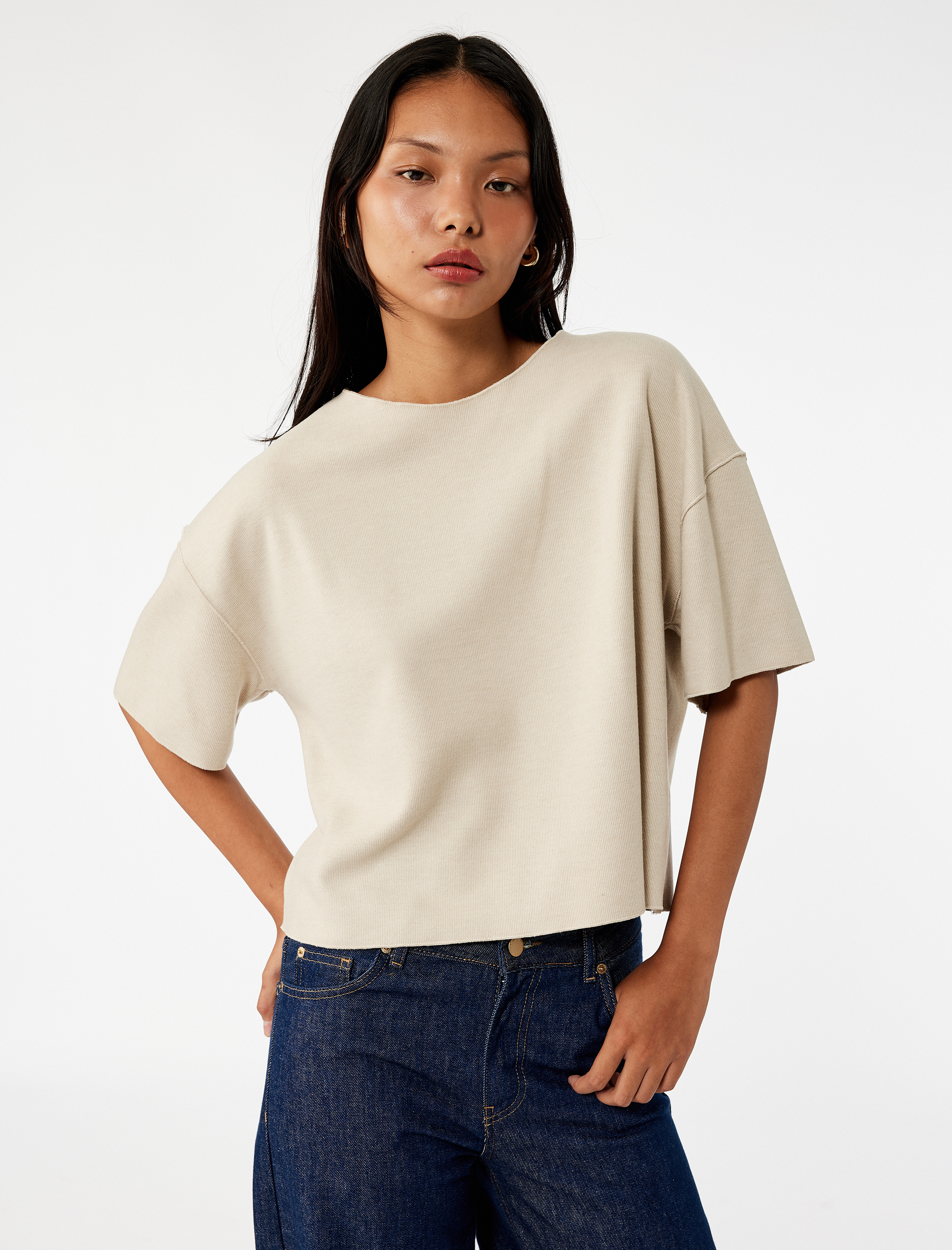   Kısa Kollu Bisiklet Yaka Basic Oversize Tişört