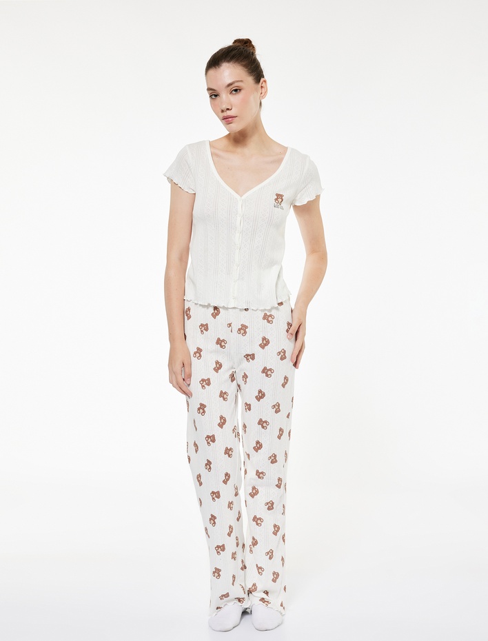  Pamuklu Kısa Kollu Düğmeli Pijama Takımı