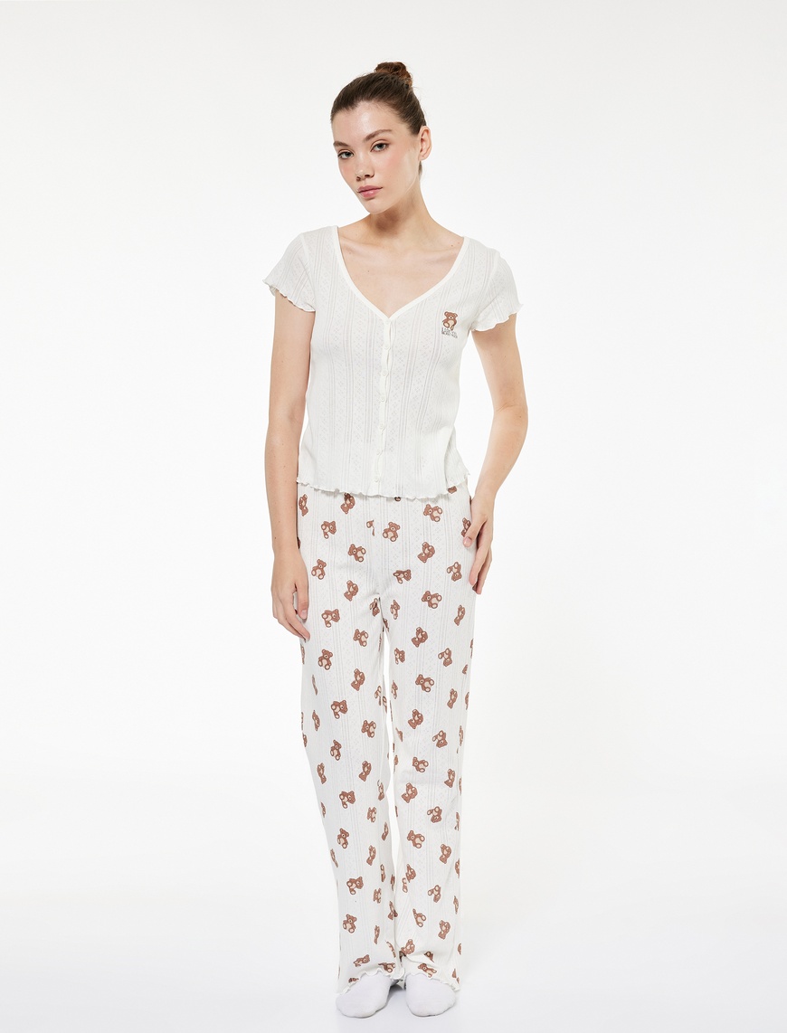   Pamuklu Kısa Kollu Düğmeli Pijama Takımı