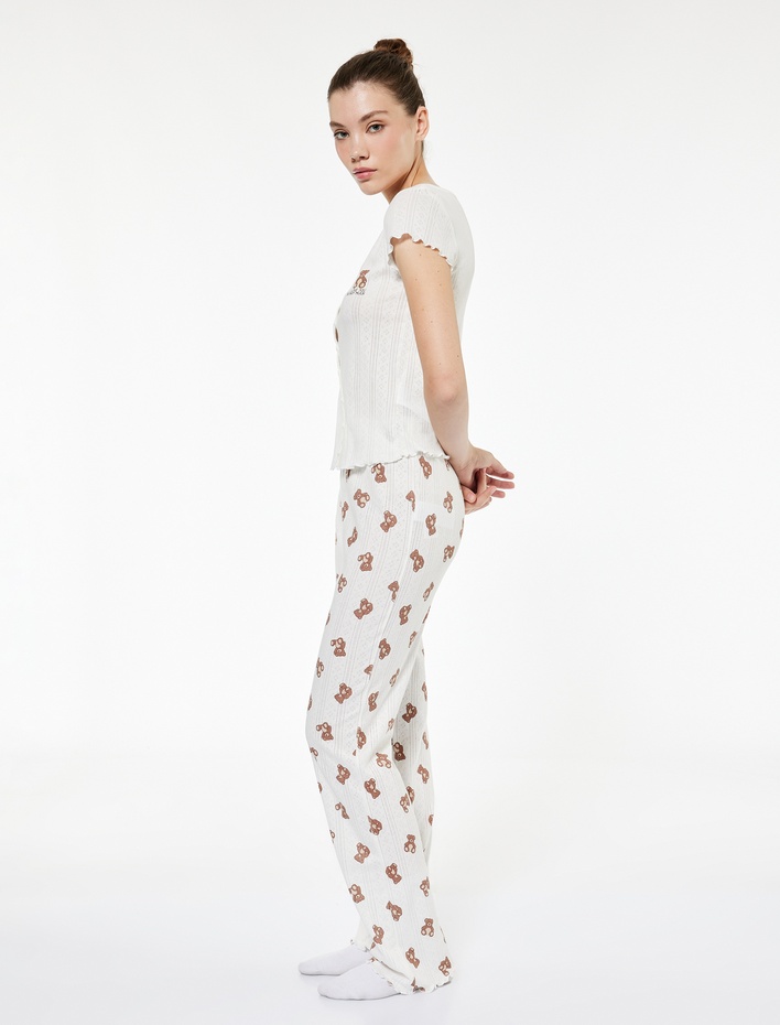  Pamuklu Kısa Kollu Düğmeli Pijama Takımı