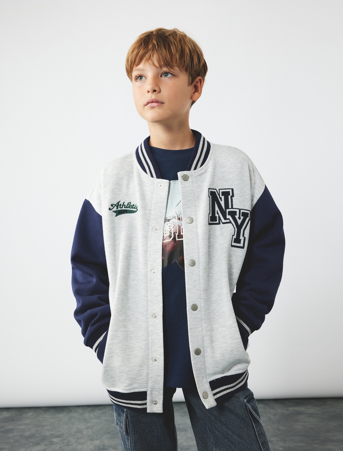 Erkek Çocuk Nakışlı Çıtçıt Kapamalı Uzun Kollu Bomber Kolej Ceket