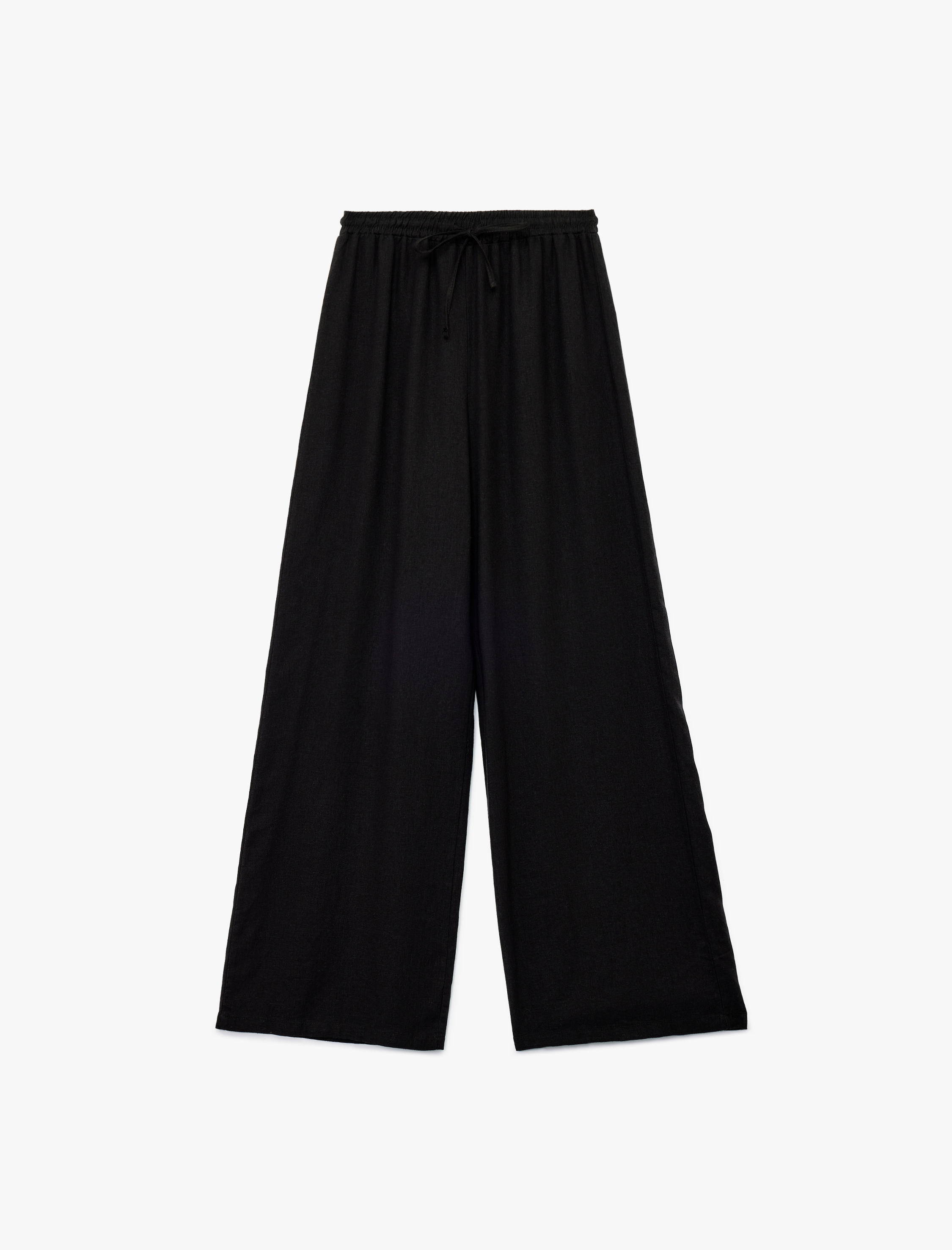   Beli Bağcıklı Rahat Kalıp Geniş Paça Keten Karışımlı Pantolon