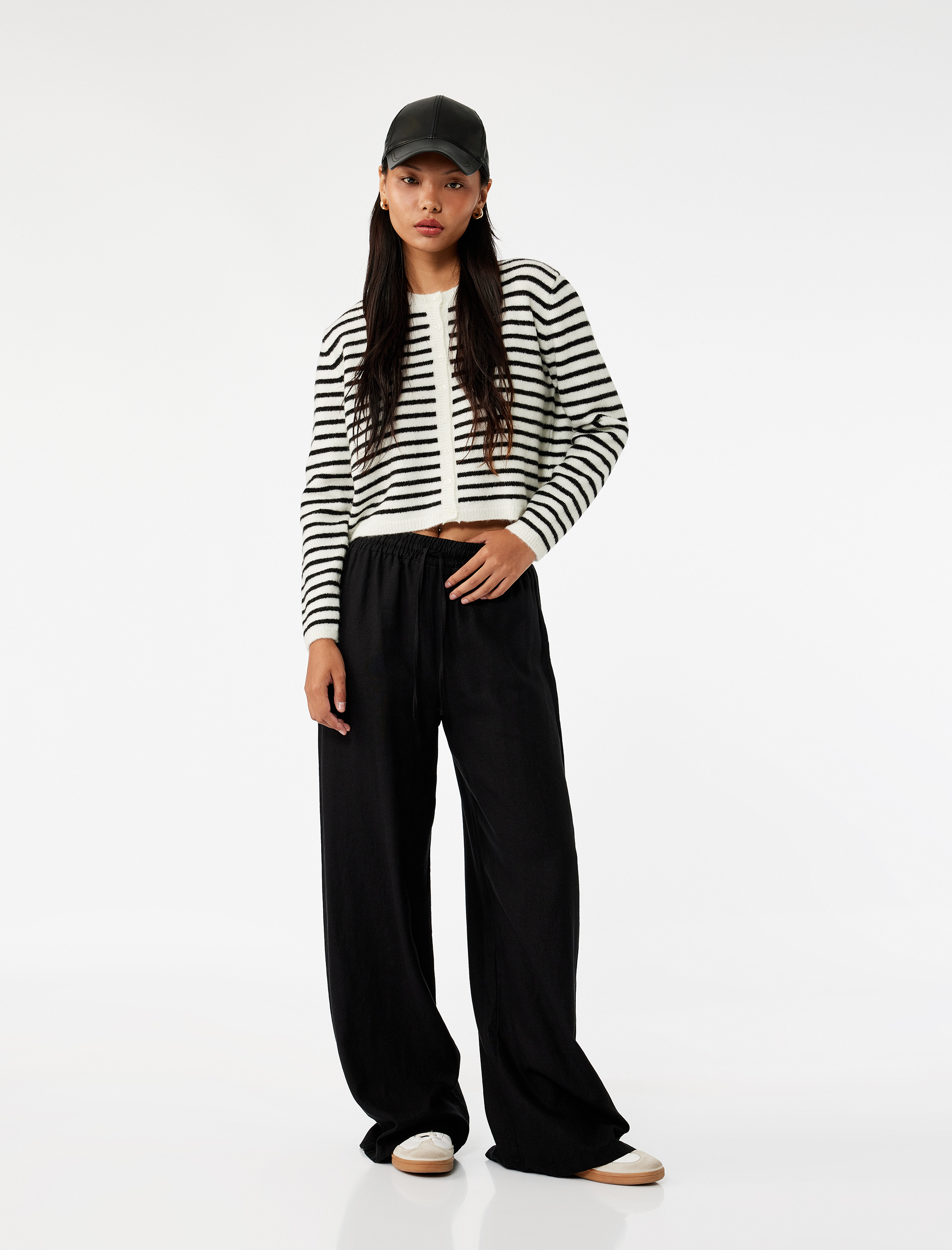   Beli Bağcıklı Rahat Kalıp Geniş Paça Keten Karışımlı Pantolon