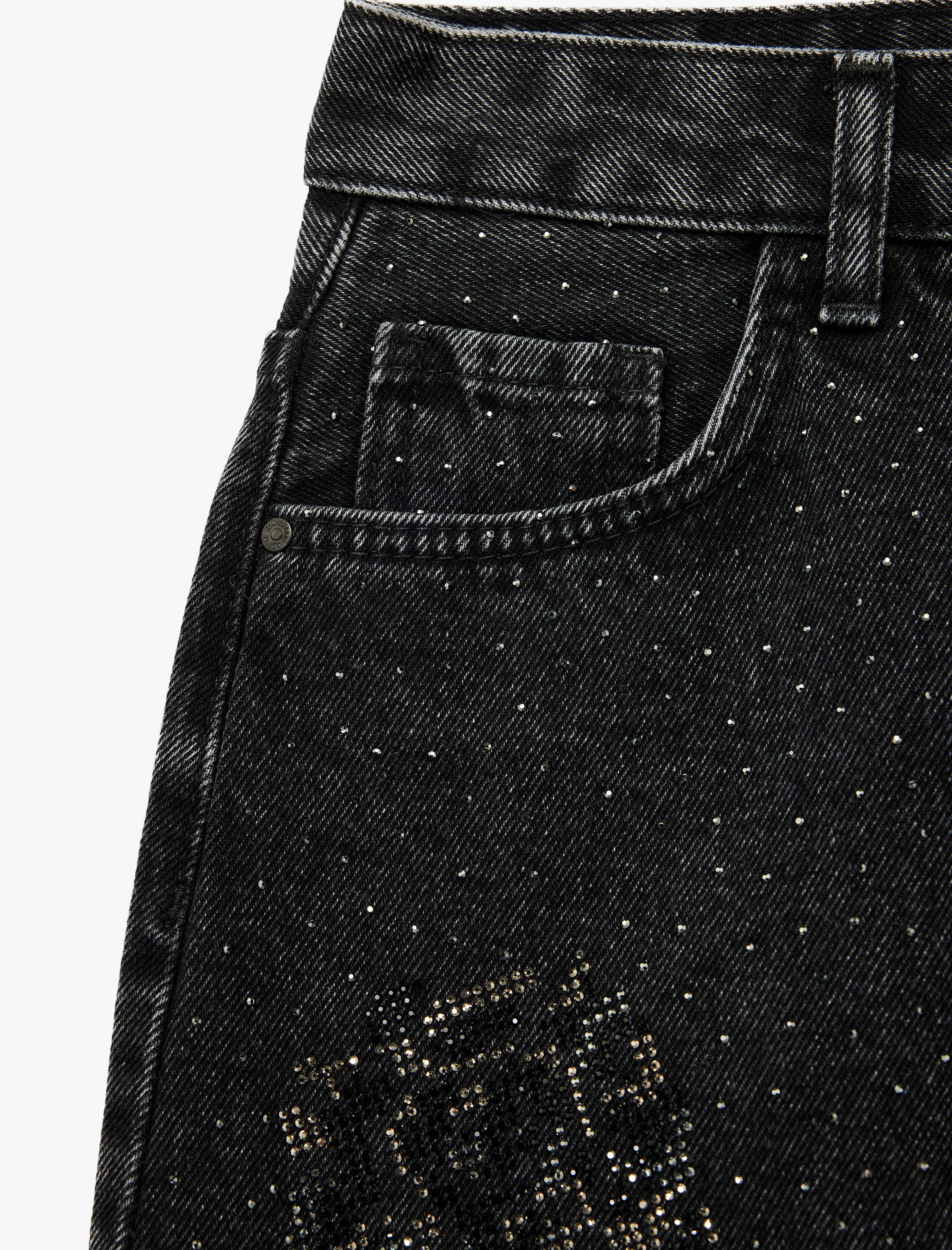   Taş Detaylı Cepli Pamuklu Mini Denim Etek