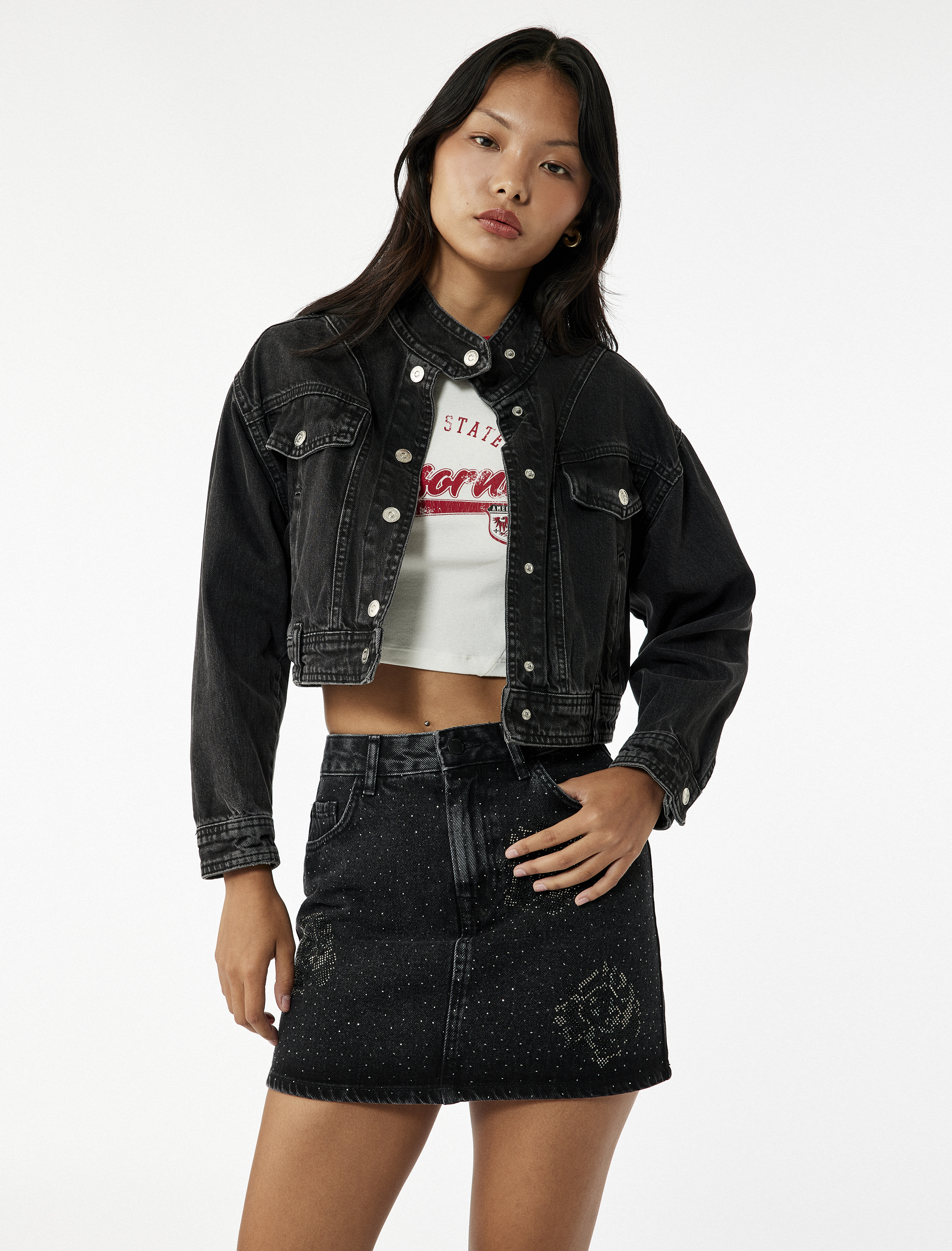   Taş Detaylı Cepli Pamuklu Mini Denim Etek