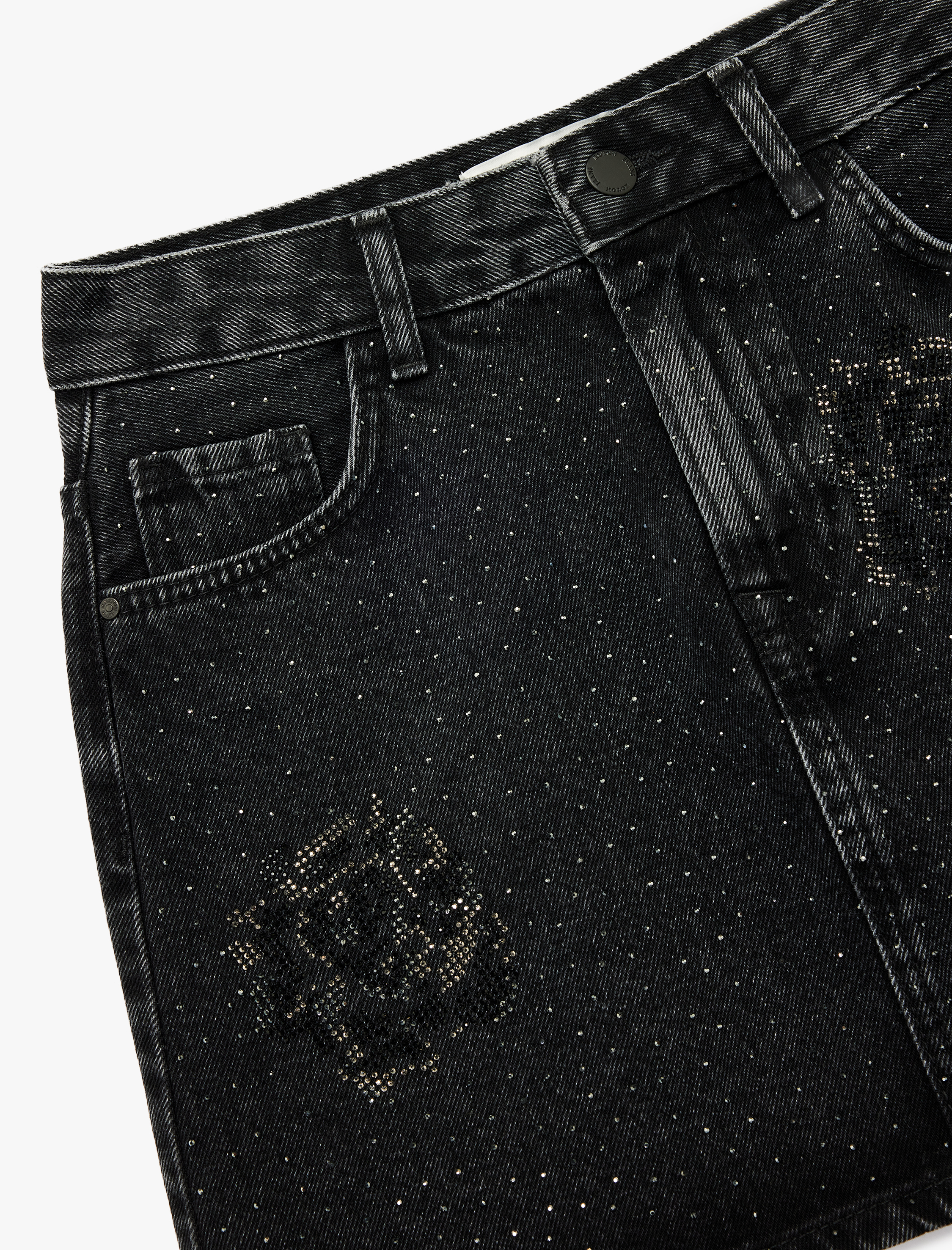   Taş Detaylı Cepli Pamuklu Mini Denim Etek