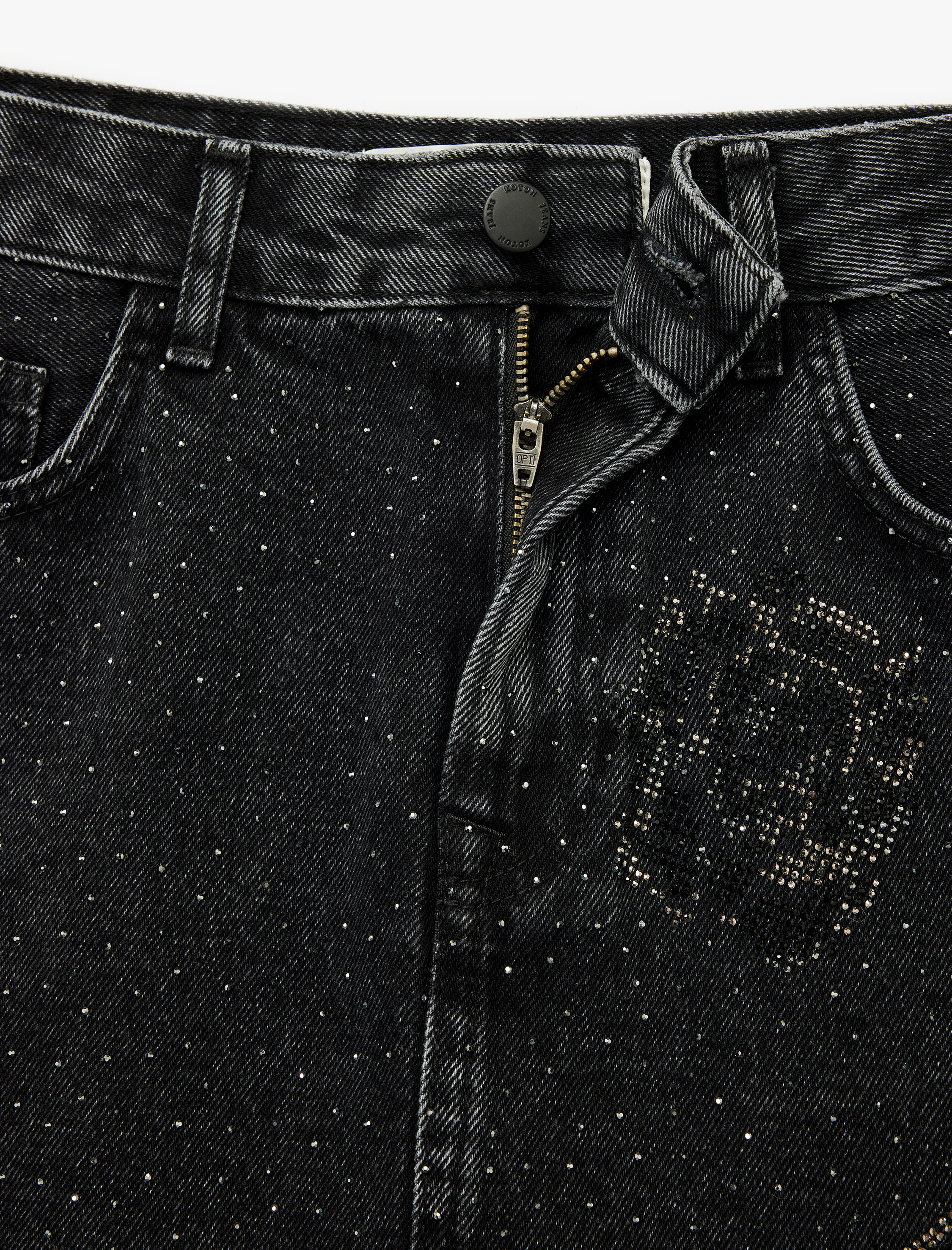   Taş Detaylı Cepli Pamuklu Mini Denim Etek