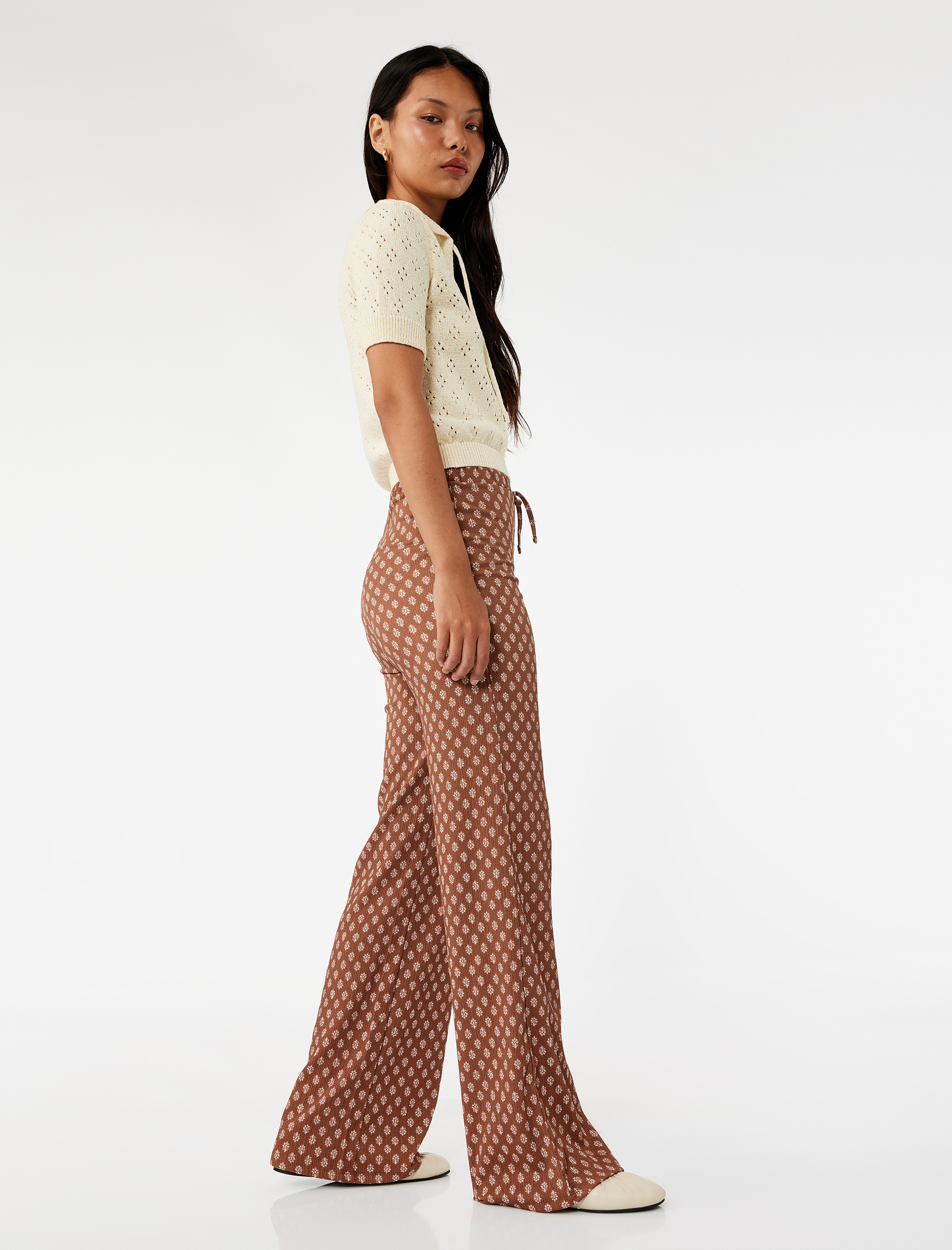   Beli Bağcıklı Rahat Kalıp Yüksek Bel Pantolon