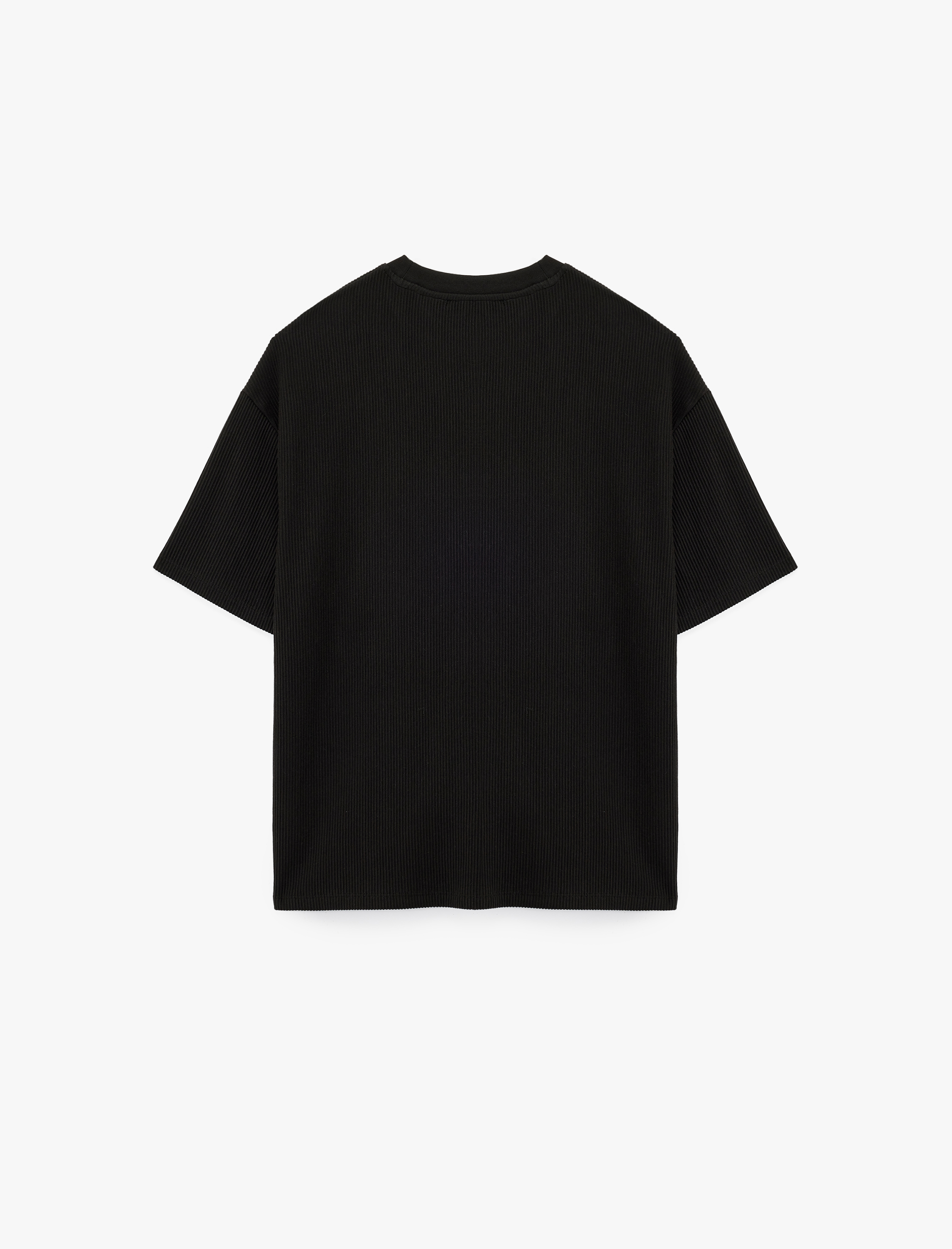   Oversize Kısa Kollu Fitilli Tok Kumaş Bisiklet Yaka Pamuklu Tişört