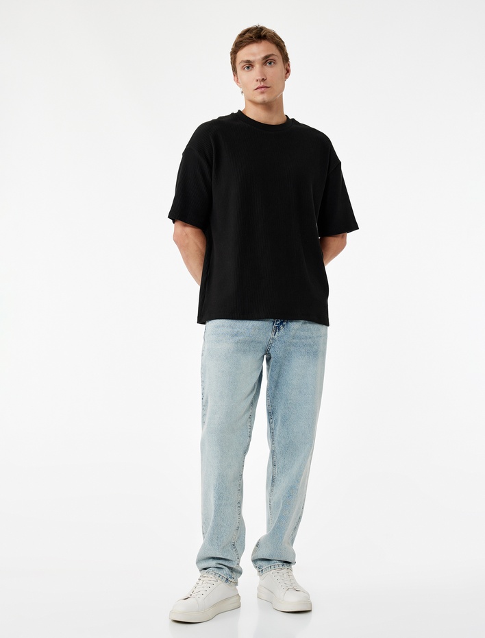  Oversize Kısa Kollu Fitilli Tok Kumaş Bisiklet Yaka Pamuklu Tişört