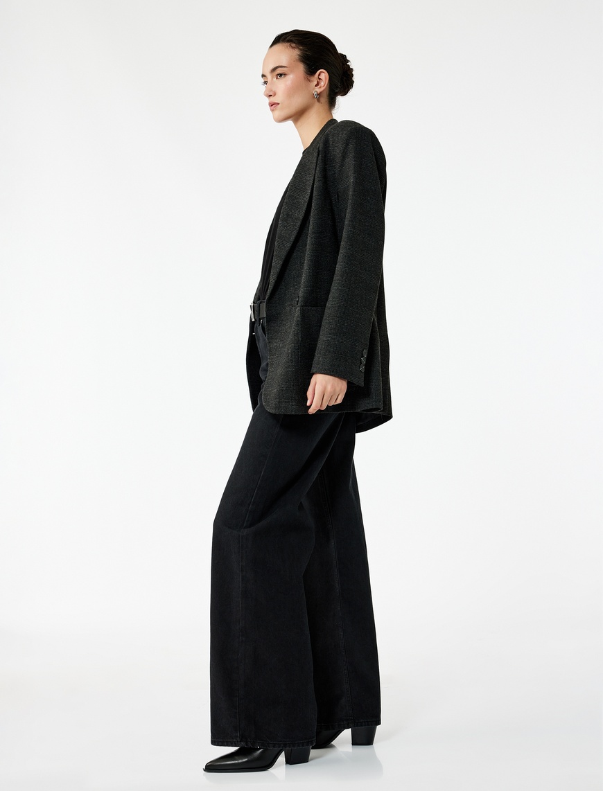   Yüksek Bel Pamuklu Düğmeli Geniş Paça Jean Pantolon -  Wide Leg Jeans