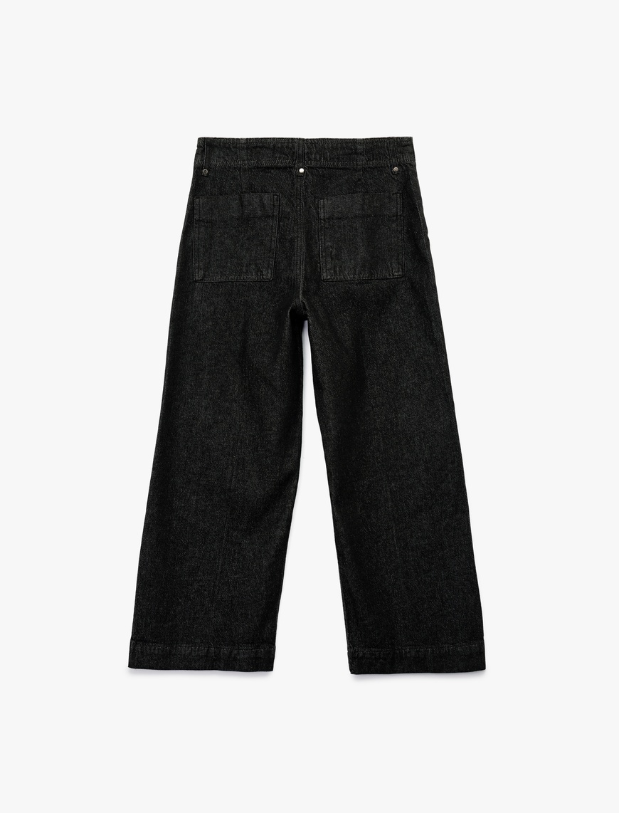  Yüksek Bel Pamuklu Metal Aksesuarlı Nervürlü Kısa Jean Pantolon - Culotte Jeans
