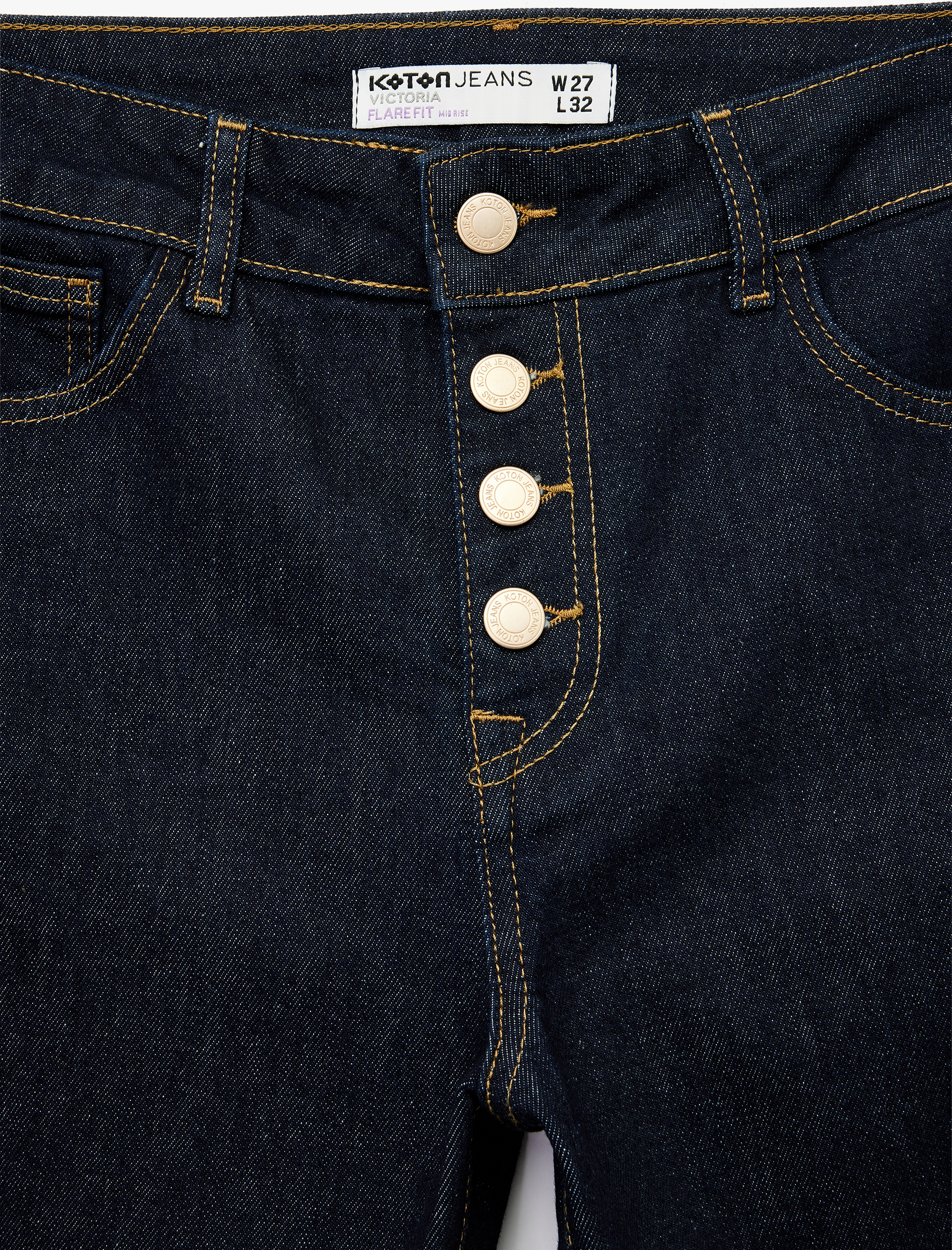   Yüksek Bel Düğme Detaylı Cepli Dar Kesim İspanyol Paça Jean Pantolon - Flare Jeans