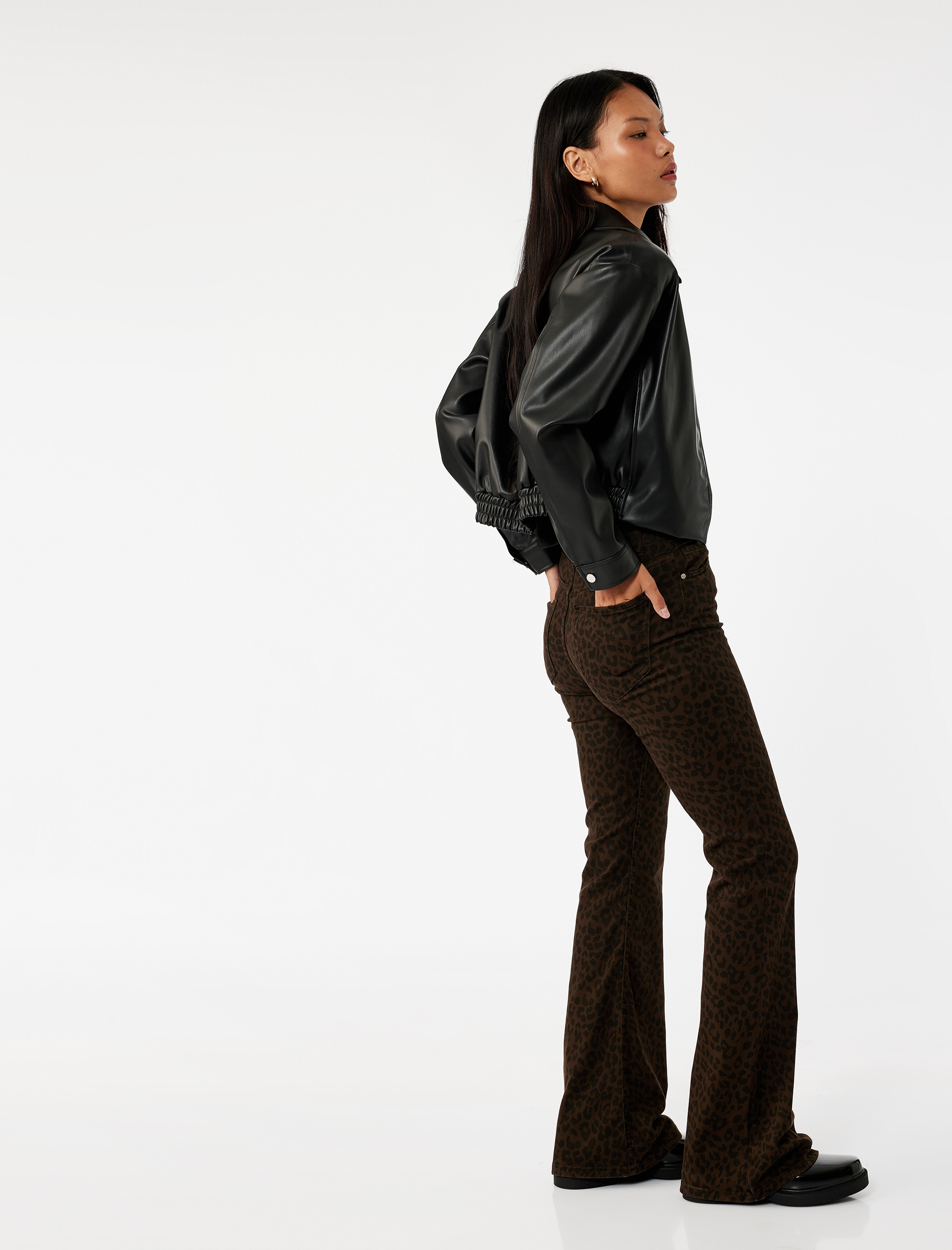   Yüksek Bel Dar Kesim İspanyol Paça Leopar Pantolon - Flare Jeans