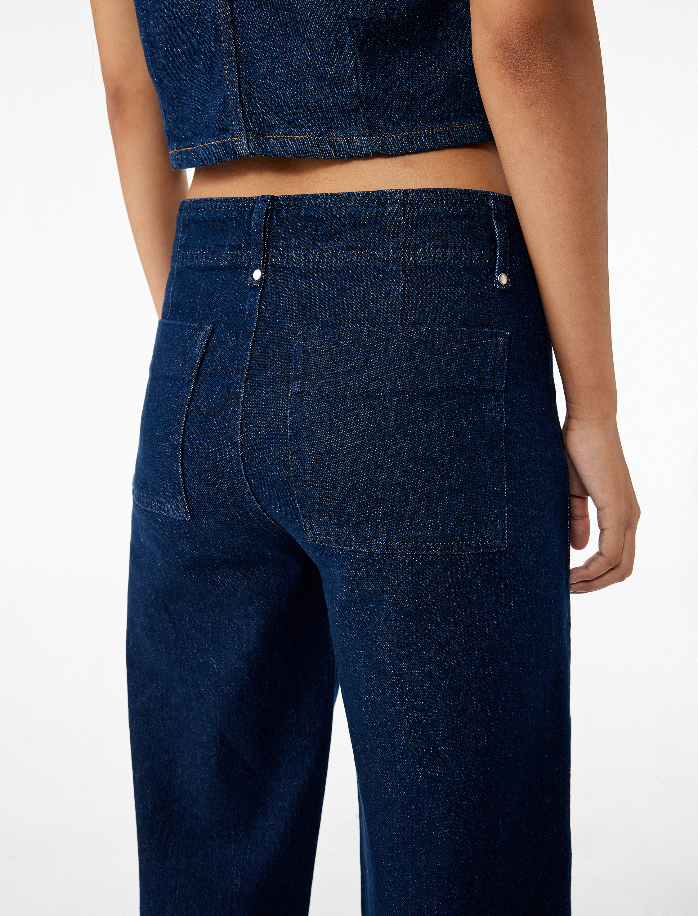   Yüksek Bel Pamuklu Metal Aksesuarlı Nervürlü Kısa Jean Pantolon - Culotte Jeans