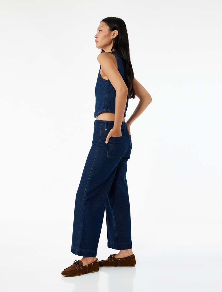  Yüksek Bel Pamuklu Metal Aksesuarlı Nervürlü Kısa Jean Pantolon - Culotte Jeans