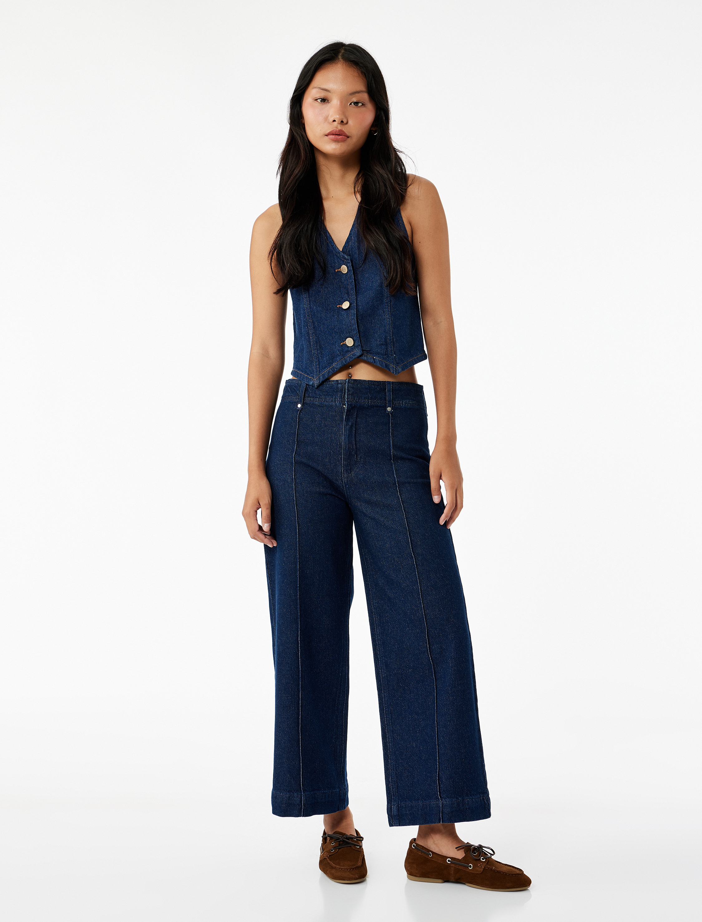   Yüksek Bel Pamuklu Metal Aksesuarlı Nervürlü Kısa Jean Pantolon - Culotte Jeans