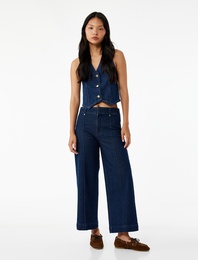 Yüksek Bel Pamuklu Metal Aksesuarlı Nervürlü Kısa Jean Pantolon - Culotte Jeans