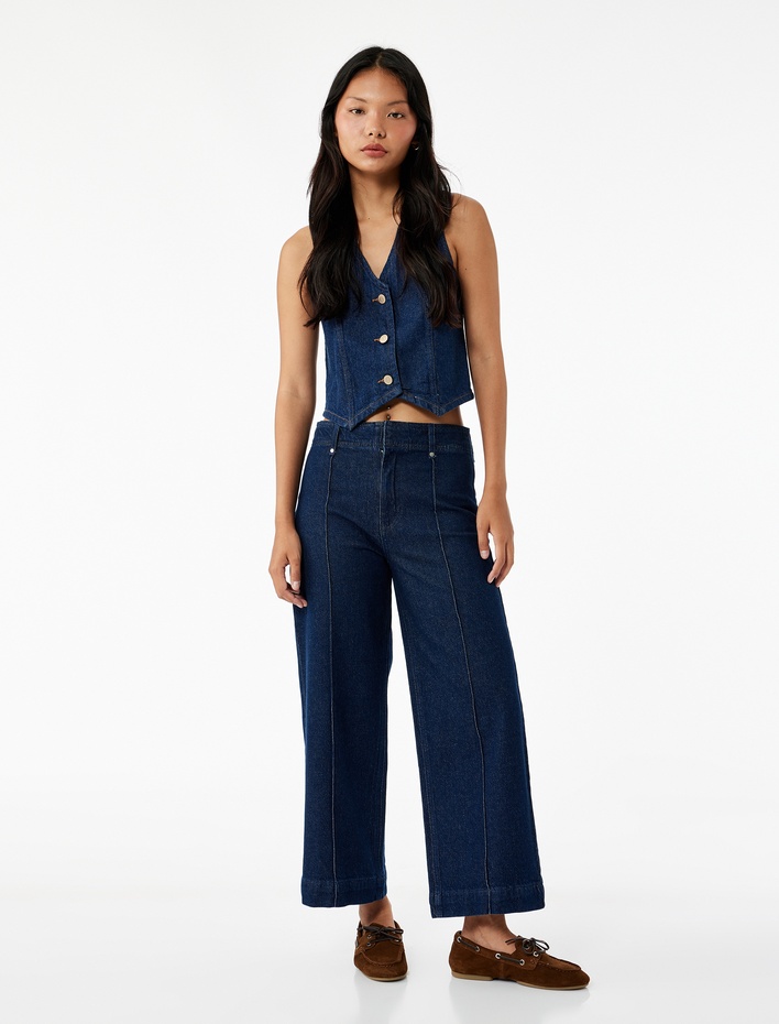  Yüksek Bel Pamuklu Metal Aksesuarlı Nervürlü Kısa Jean Pantolon - Culotte Jeans