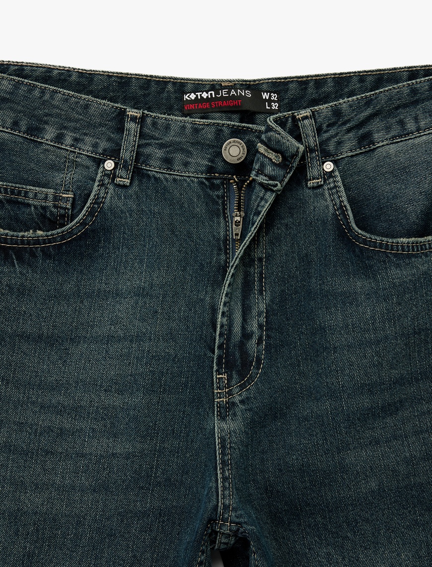   Normal Bel Pamuklu Vintage Straight Fit Jean Pantolon