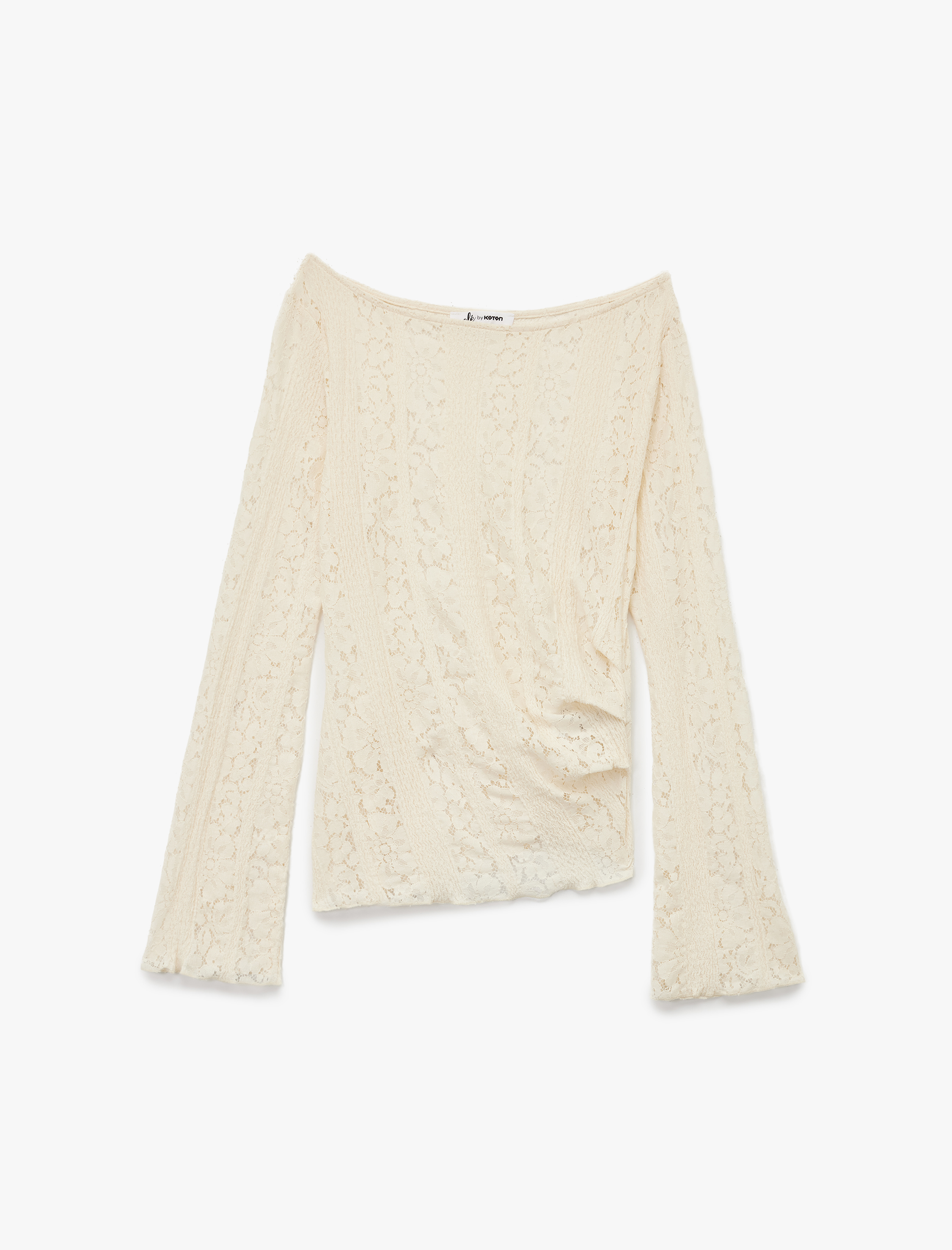   Asimetrik Kayık Yaka Uzun Kollu Slim Fit Dantelli Tişört