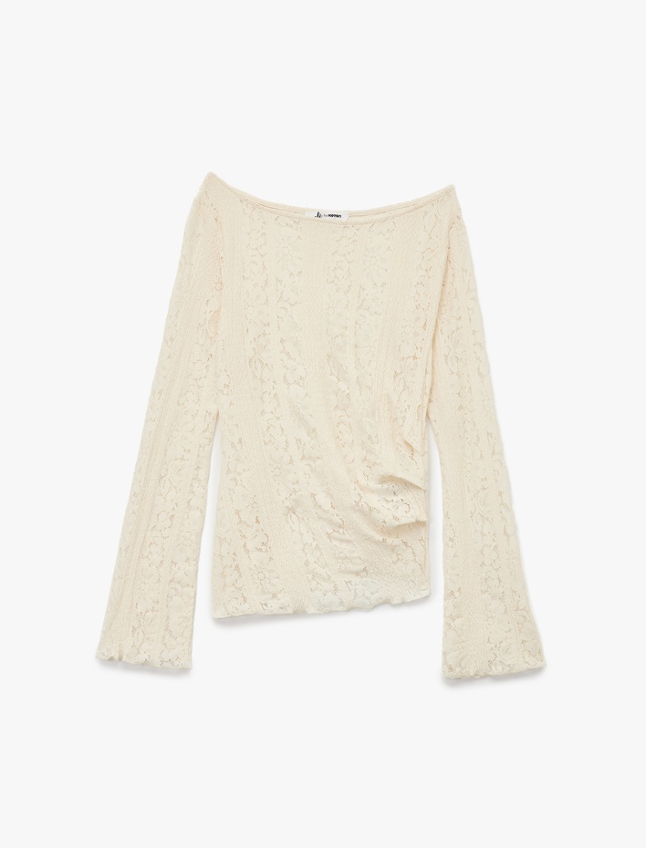  Asimetrik Kayık Yaka Uzun Kollu Slim Fit Dantelli Tişört