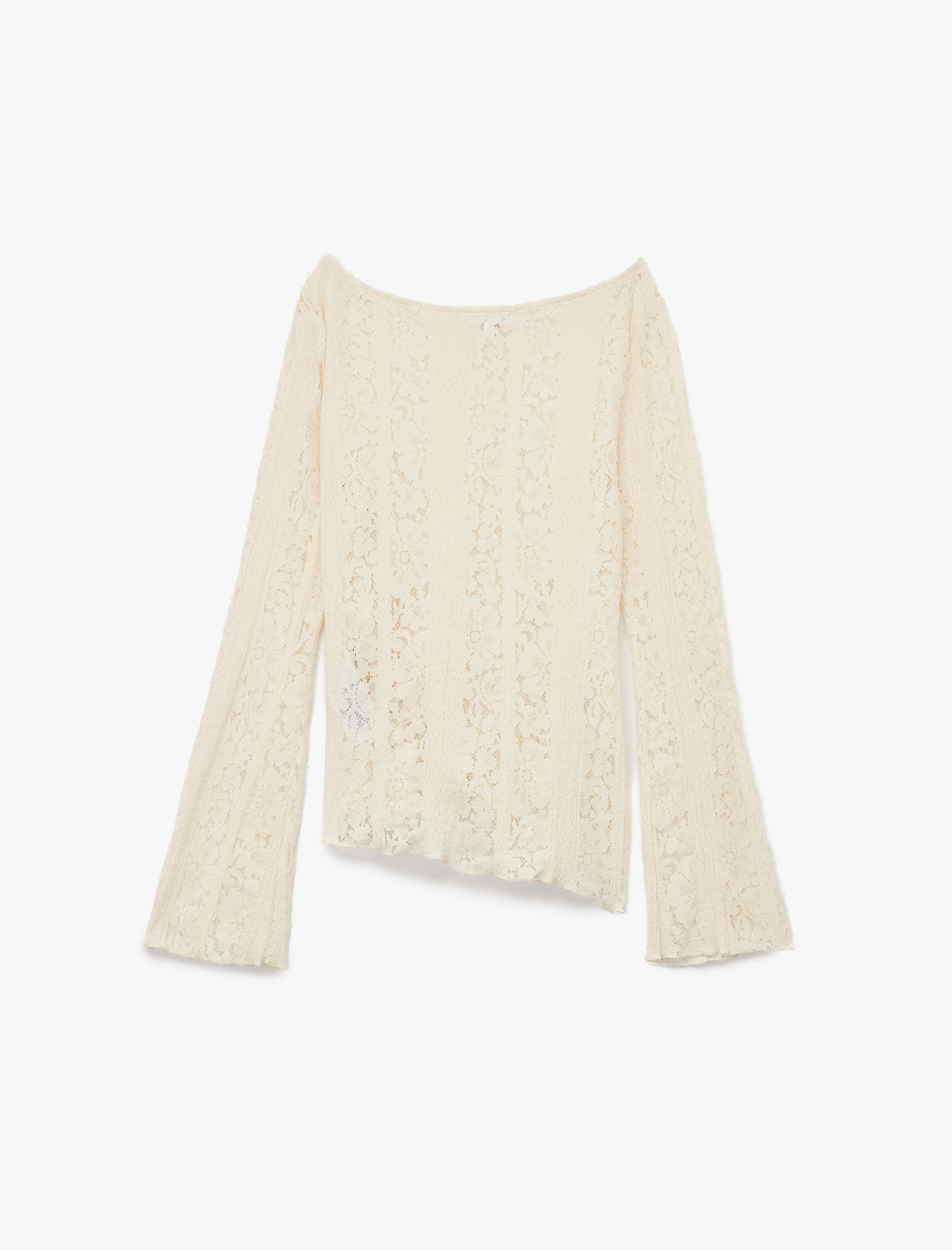   Asimetrik Kayık Yaka Uzun Kollu Slim Fit Dantelli Tişört