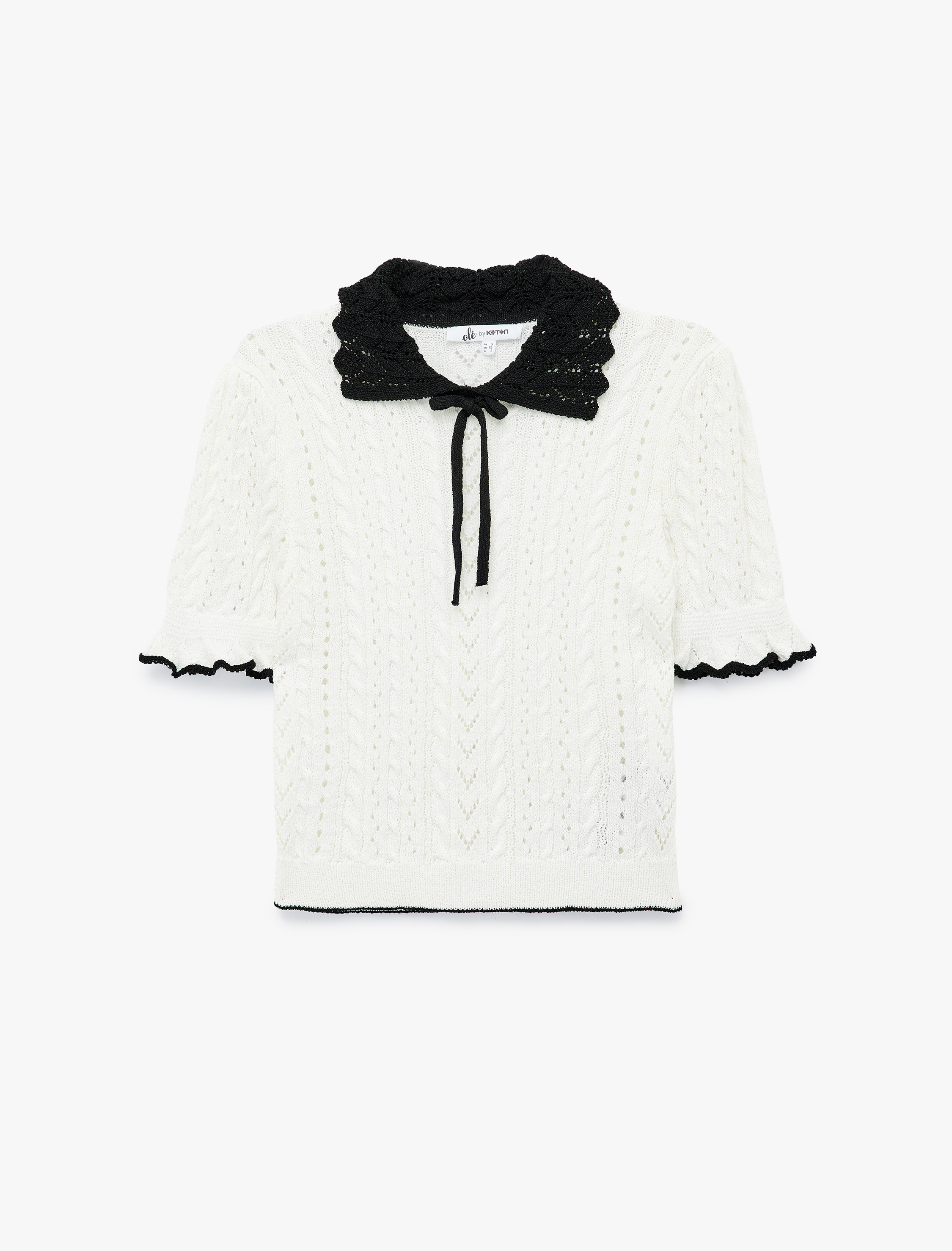   Kısa Kollu Bebe Yaka Fiyonklu Ajurlu Triko Kazak