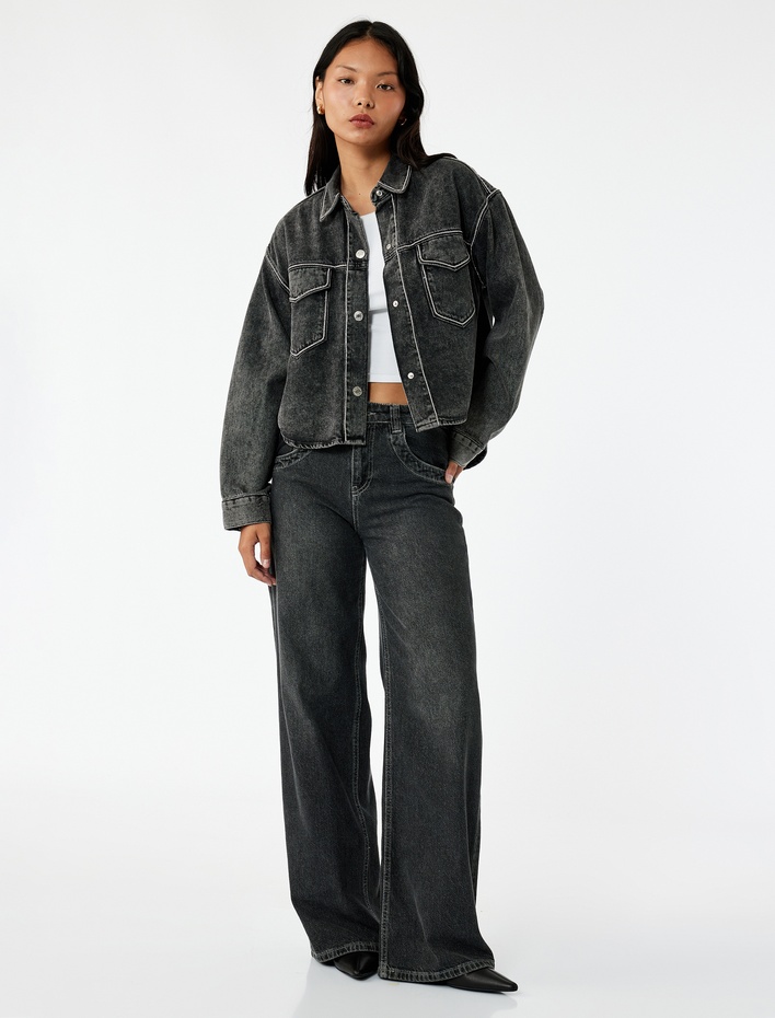  Uzun Kollu Klasik Yaka Rahat Kalıp Cep Detaylı Taşlı Denim Ceket