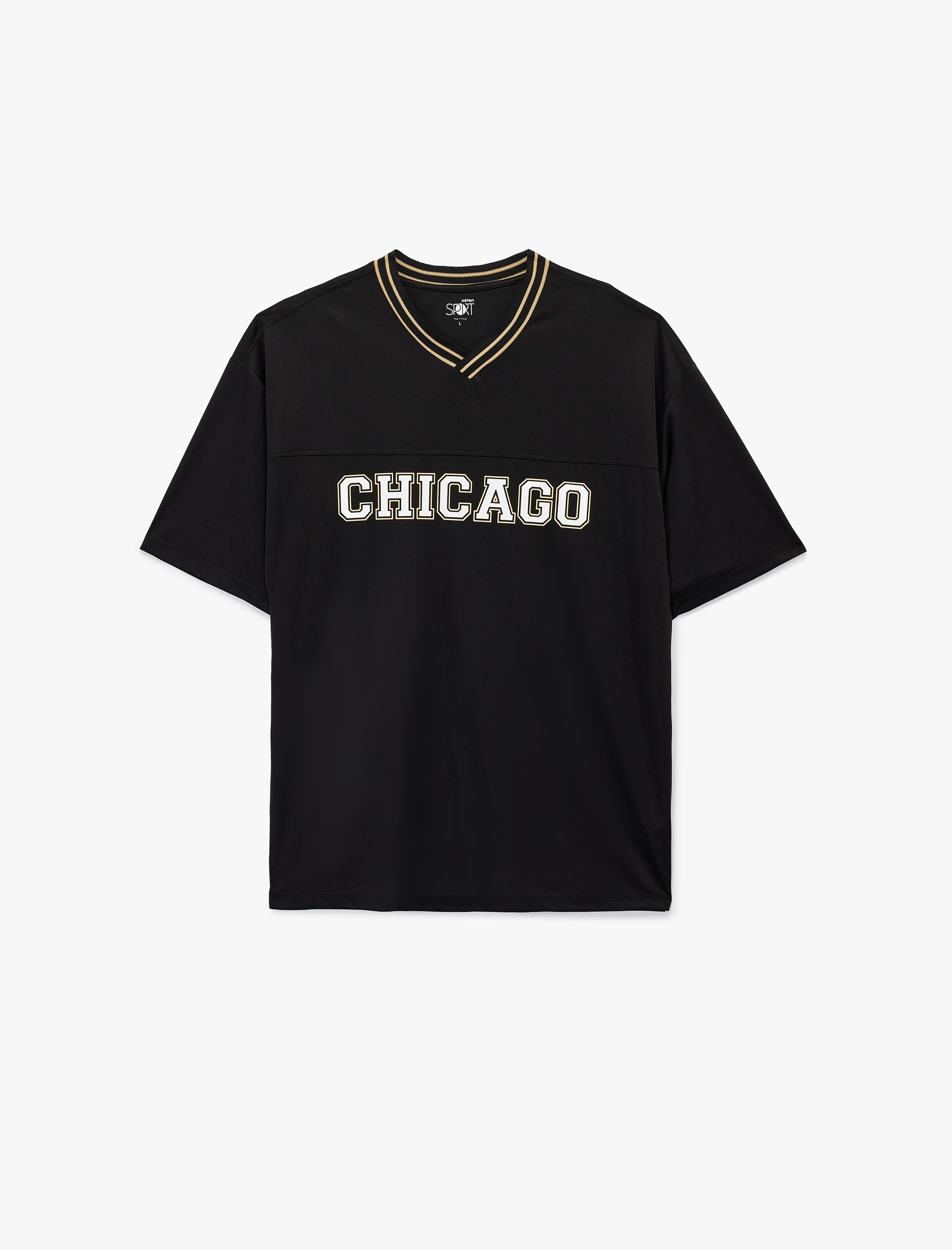   Kısa Kollu V Yaka Grogren Detaylı Baskılı Oversize Spor Tişört