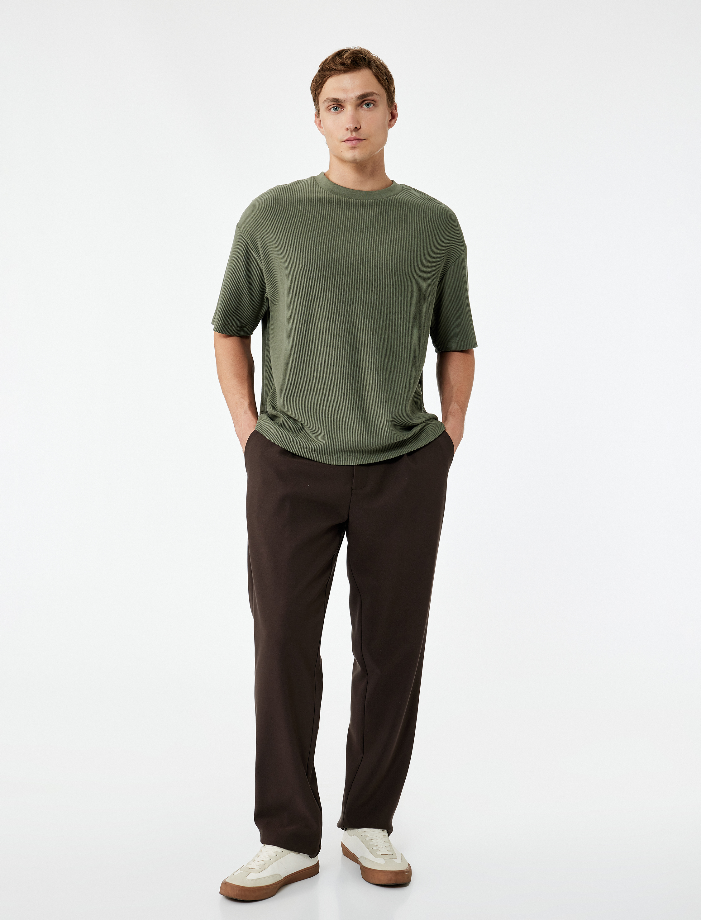   Oversize Kısa Kollu Fitilli Tok Kumaş Bisiklet Yaka Pamuklu Tişört