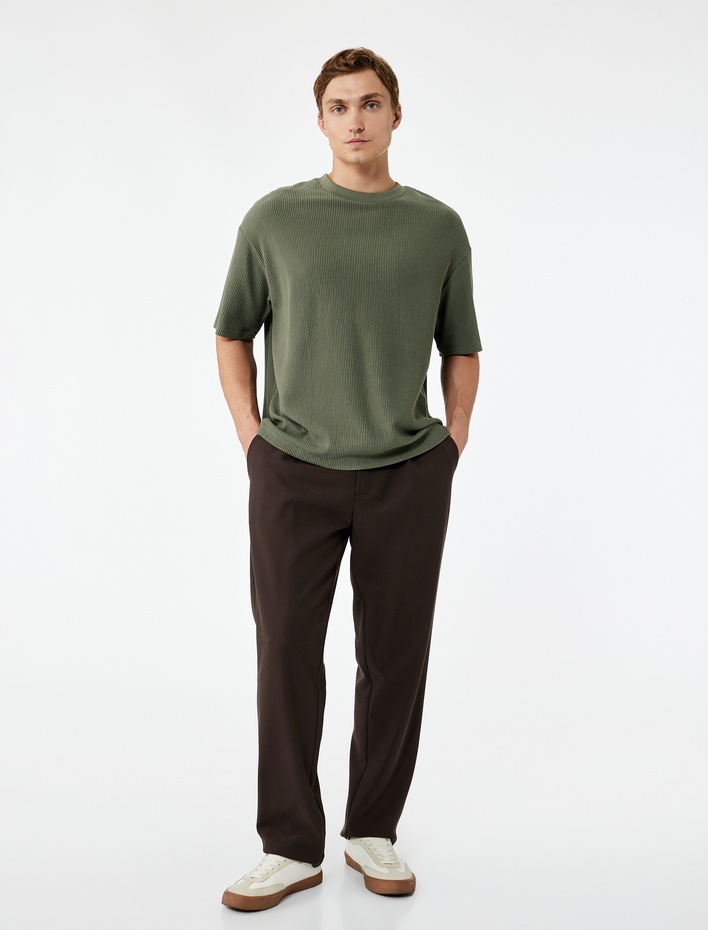  Oversize Kısa Kollu Fitilli Tok Kumaş Bisiklet Yaka Pamuklu Tişört