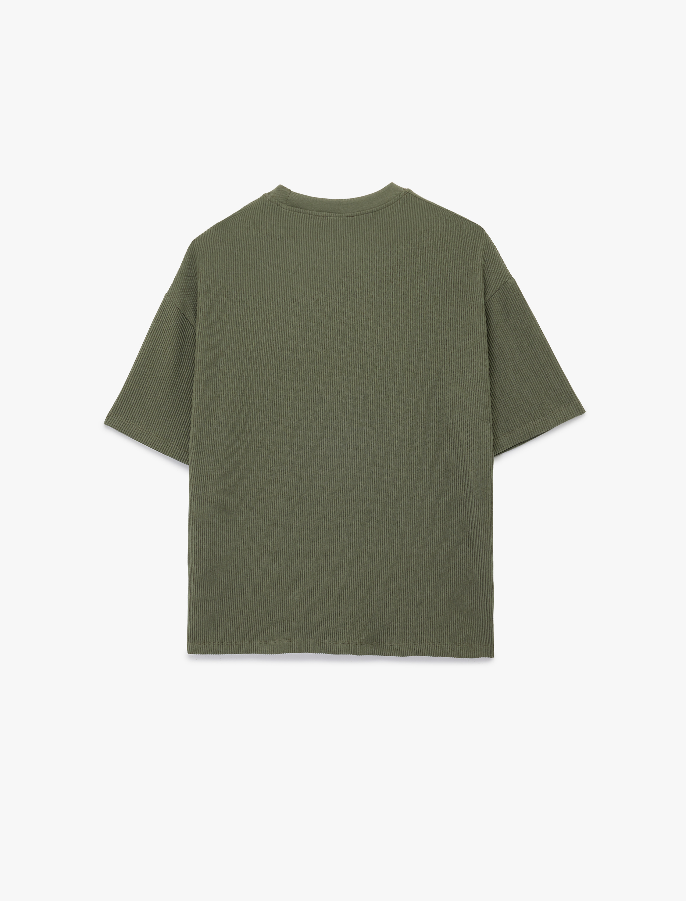   Oversize Kısa Kollu Fitilli Tok Kumaş Bisiklet Yaka Pamuklu Tişört